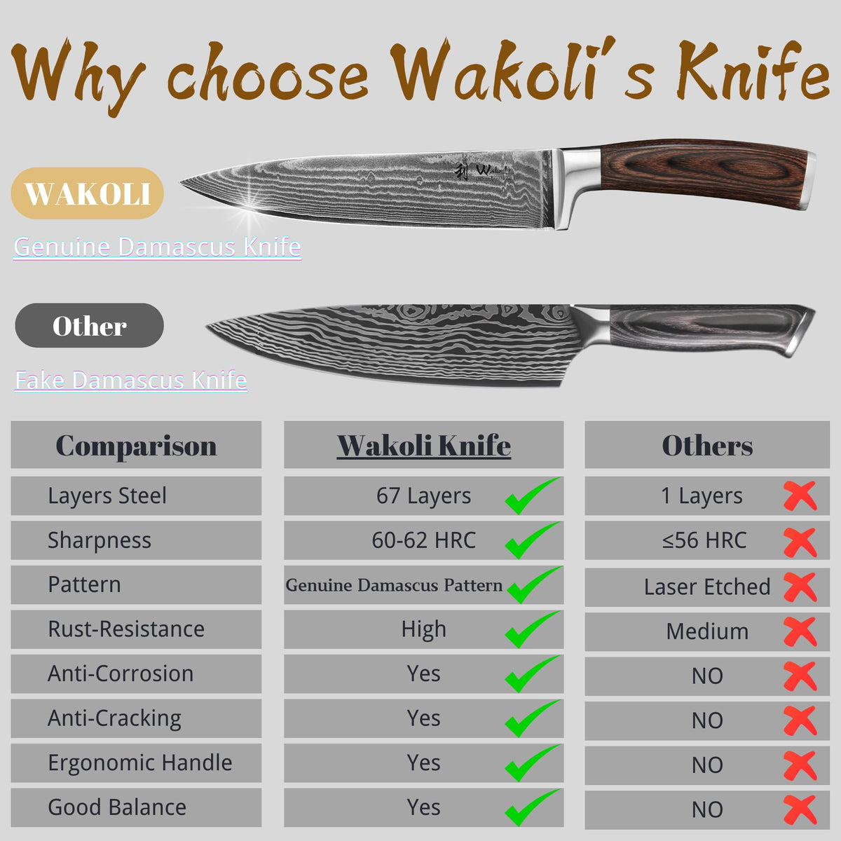 Wakoli Chef Knife, 8-inch Blade Damascus Knife made from 67 Layers of Damascus Steel with VG10 Core, Ergonomic Kitchen Knives with Pakkawood Handle for All Tasks in Gift Box (EDIB)
