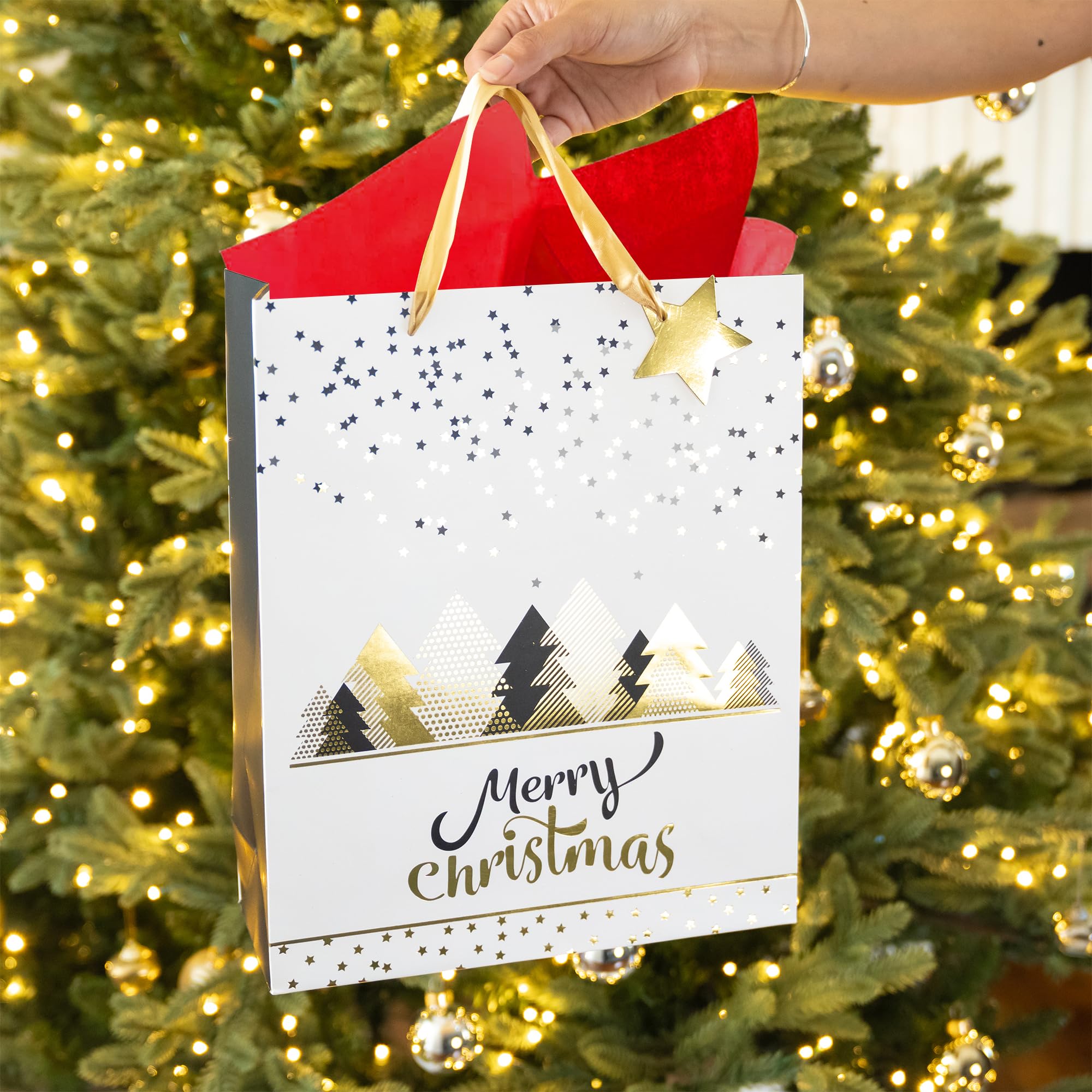 Christmas Gift Bags (Medium, 13"x10"x4") - 2 Pack Sturdy Paper Gift Bags with Tissue Paper, Tag and Handle - Holiday Trees Design - Ideal Party Favors and Gifting this Christmas Holiday Season