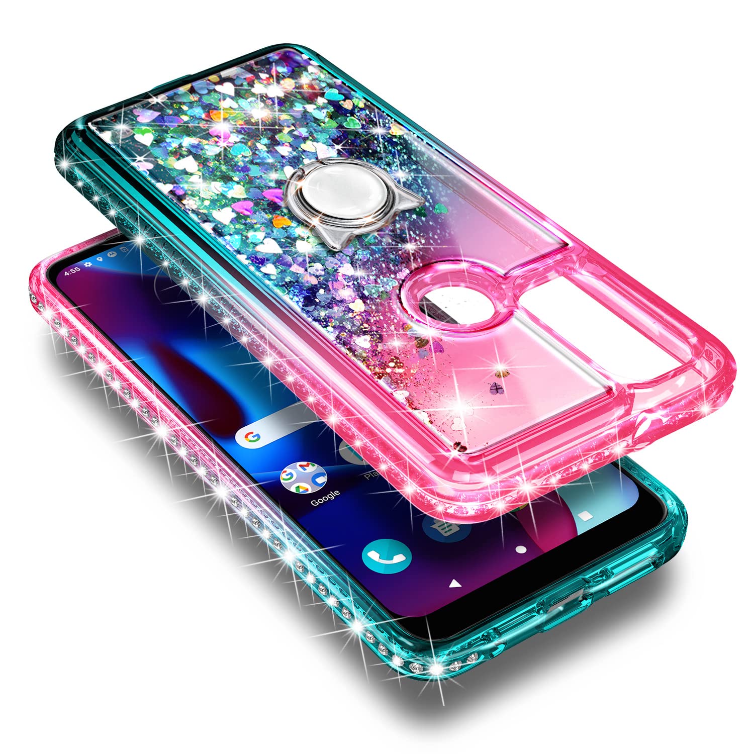 NZND Case for Motorola Moto G Pure/Moto G Play 2023/ Power 2022 with Tempered Glass Screen Protector, Ring Holder/Wrist Strap, Glitter Floating Liquid Waterfall Girls Cute Phone Case (Pink/Aqua)