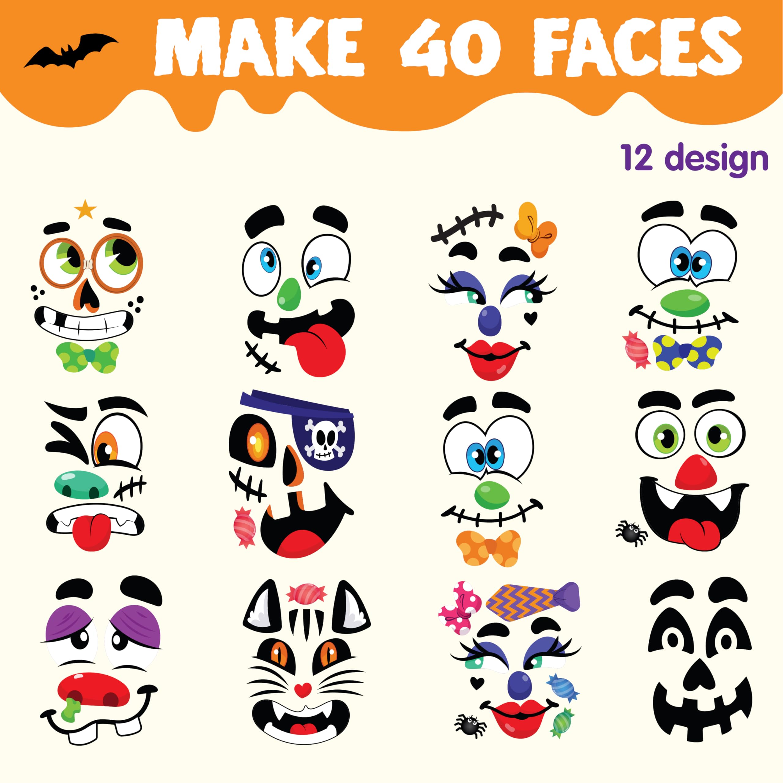 JOYIN Make 40 Faces Pumpkin Decorating Stickers with 18 Sticker Sheets in 12 Different Designs and Sizes Halloween Party Supplies Trick or Treat Party Favors