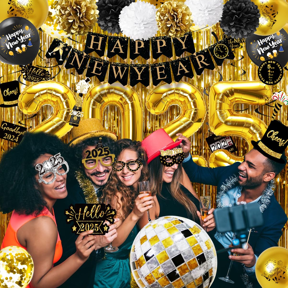 MOVINPE New Years Eve Party Decorations 2025 Black Gold, Happy New Year Party Supplies, Banner Pompoms Number Balloon Fringe Curtain Photo Booth Props Hanging Swirl Squawkers Blowouts