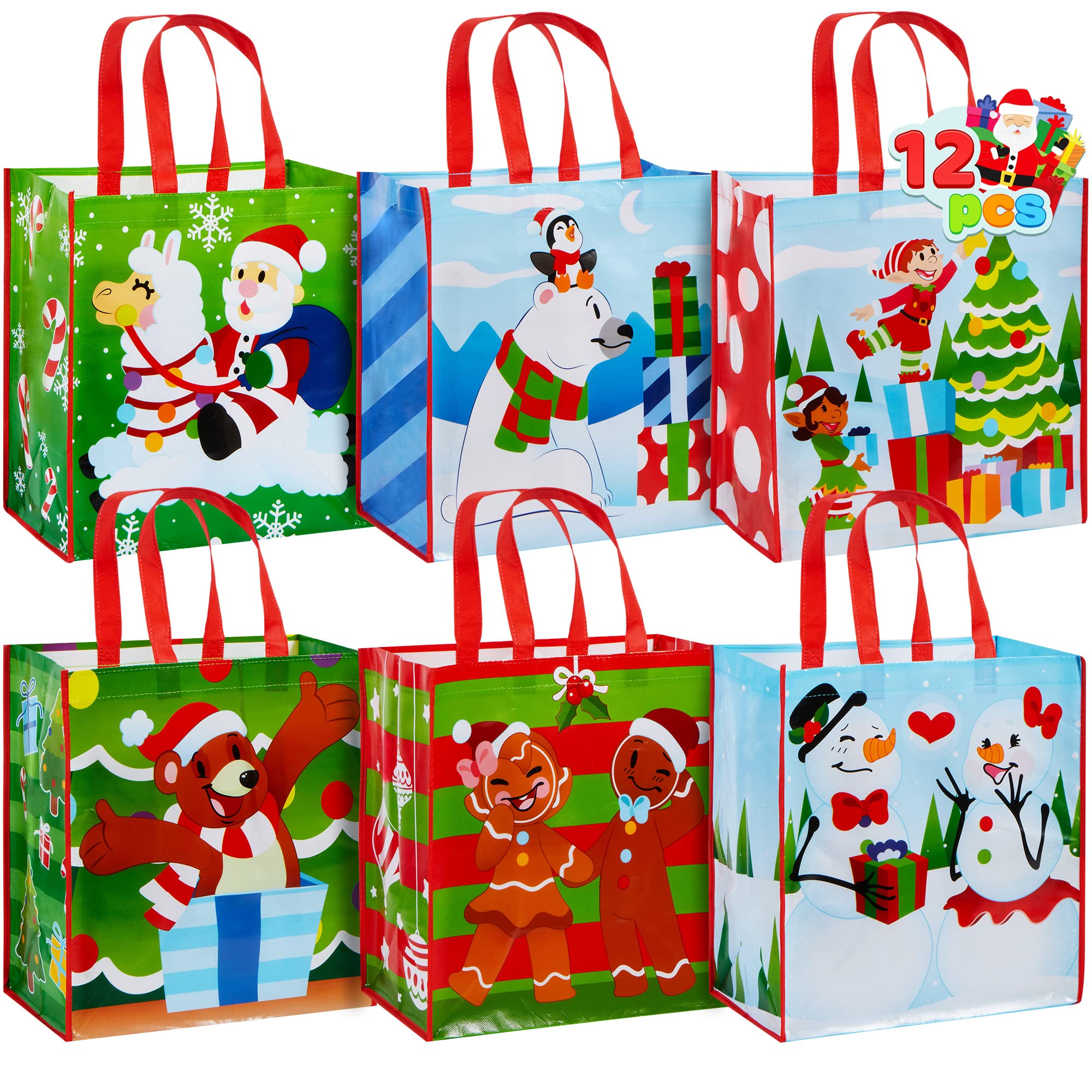 JOYIN 12 Christmas Tote Bags, 13.75"x8"x14" Extra-large Reusable Bags Non Woven Xmas Gift Wrap Bags with Handles for Holiday Party Favor Supplies, Xmas Grocery Shopping Bags