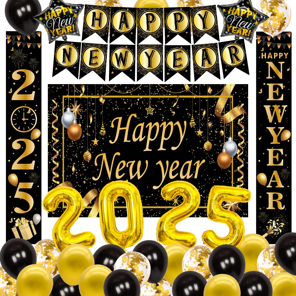 New Years Eve Party Supplies 2025, 40PCS Happy New Year Decorations Black Gold Happy New Years Banner Backdrop New Years Decorations 2025 Number Foil Confetti Balloons Door Banner NYE Decorations 2025