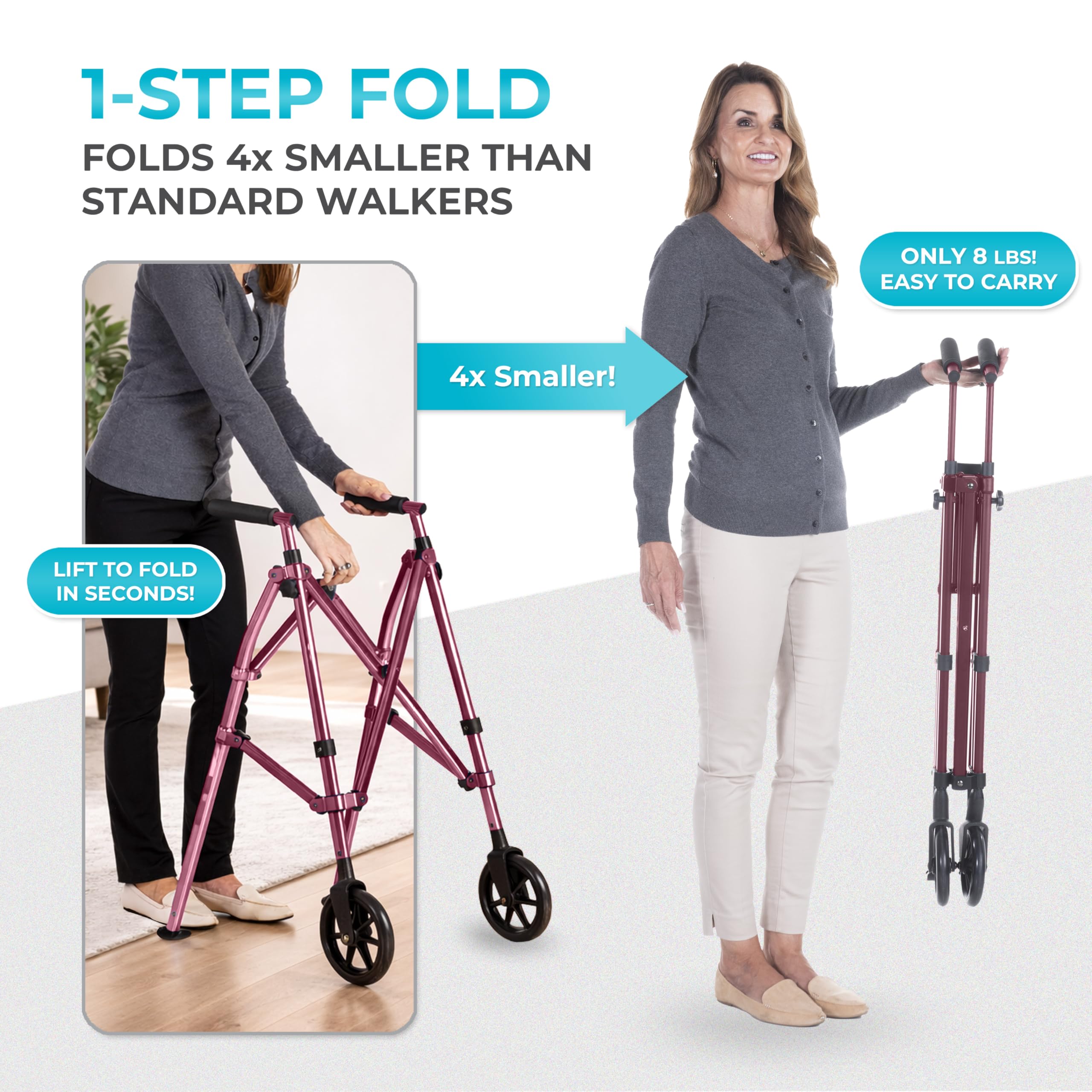 Stander Space Saver Walker, Lightweight Folding Rolling Mobility Aid for Seniors & Adults, Compact 2-Wheel Disability Device with 6-inch Wheels & Ski Glides for Walking Support, Regal Rose