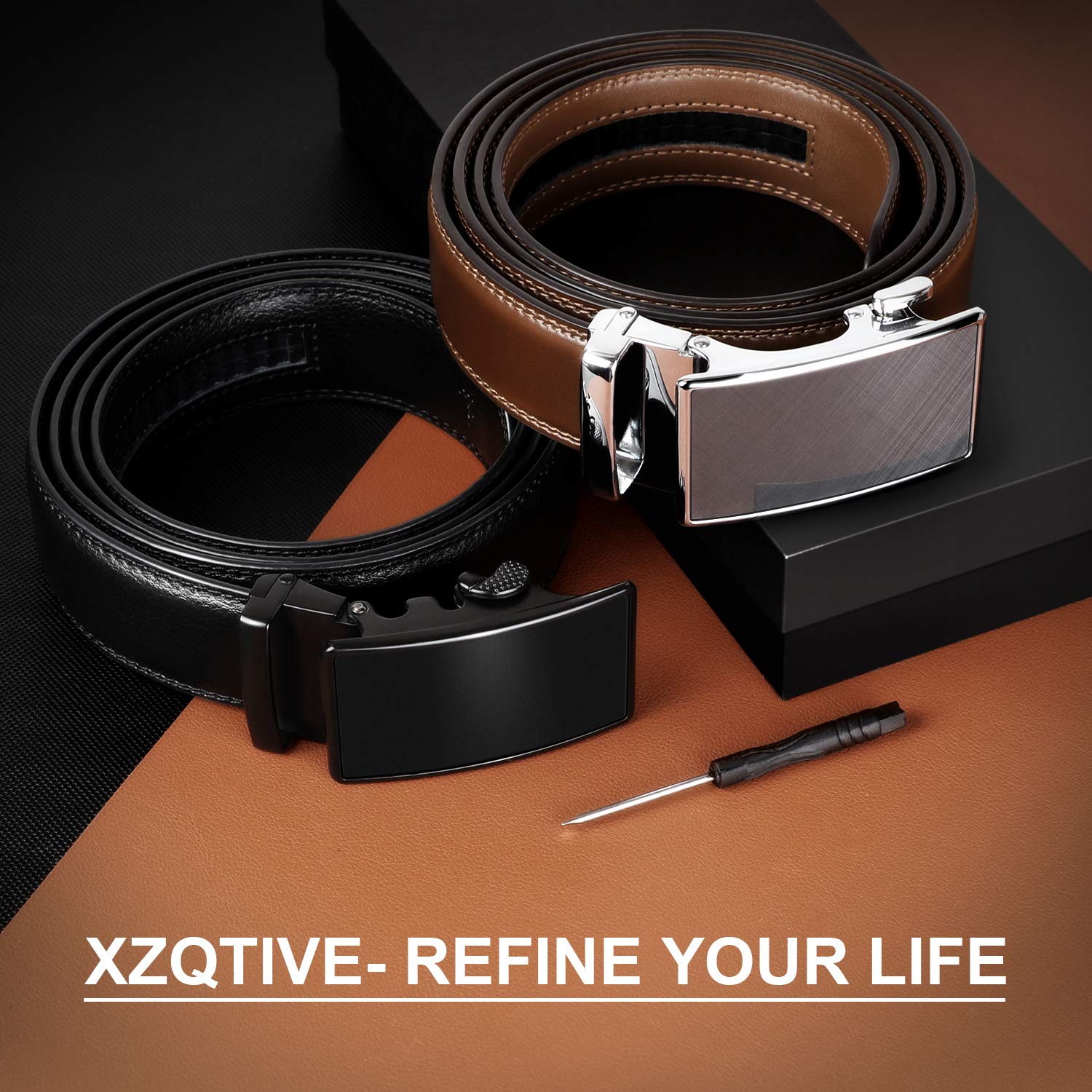 XZQTIVE Fashion Ratchet Leather Dress Belt for Men with Automatic Sliding Buckle 2Pack