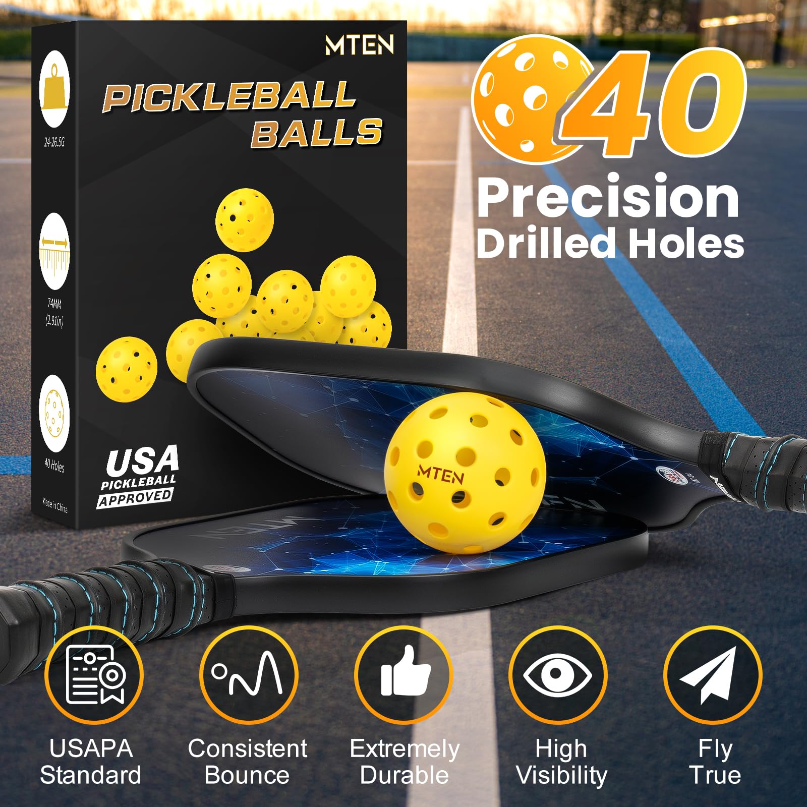 MTEN Pickleball Balls, USAPA Approved Pickleballs, 12 Pack 40 Holes Outdoor Pickleball Balls, High Bounce True Flight & Durable for All Skill Levels