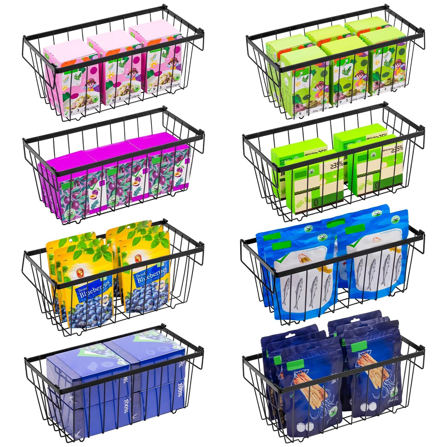 Wetheny Freezer Organizer Bins With Side Handle -8 Pack Stackable Chest Freezer Organizer for 7 Cu.FT - Deep Freezer Sort Frozen Food Wire Metal Basket Storage Bins Rack (Black)