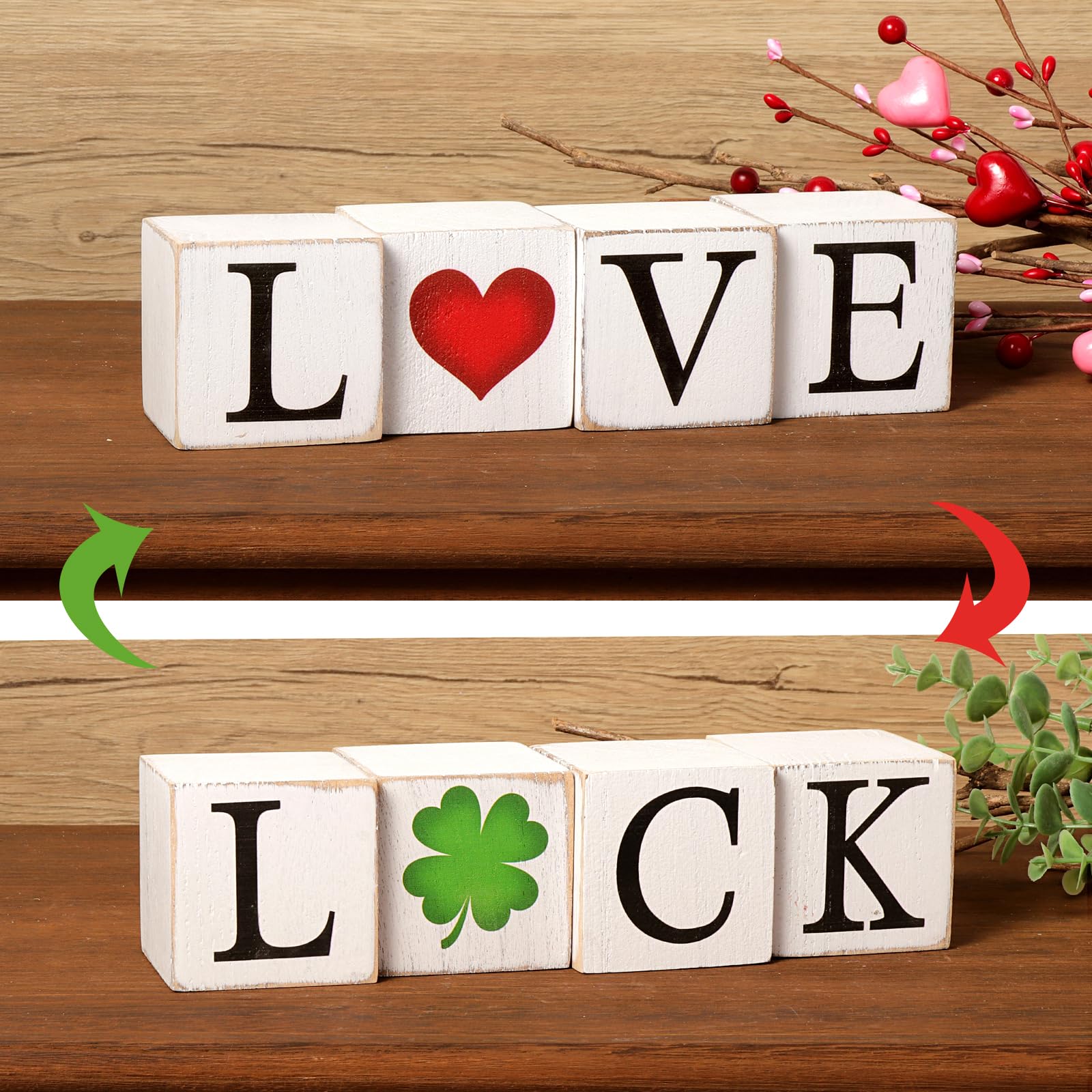 Pawliss Valentines/St. Patrick’s Day Decor, 4Pcs LOVE Valentines Day Decor Wooden Signs, Farmhouse Valentines Day Home Decor, Valentine's Day/St. Patrick’s Day Decorations for the Home Table Decor Valentines Day Gifts