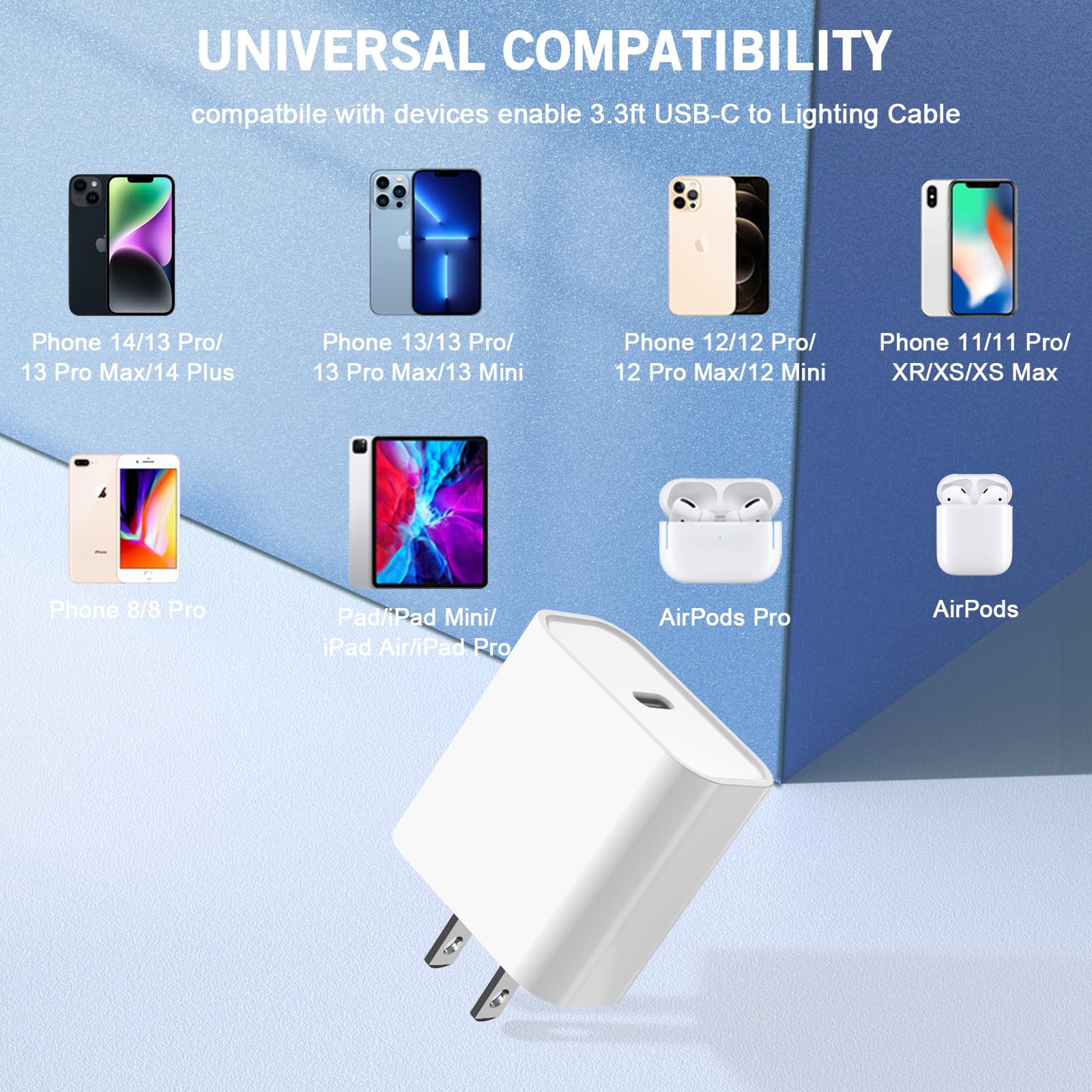 iPhone Fast Charger, 20W USB Type C Fast Charging Block Power Delivery Fast Charger iPhone Lightning Charger with 3.3ft Lightning Cable for iPhone 14 13 Pro Max Mini Plus 12 Pro 11 XS X XR Xs Max,iPad