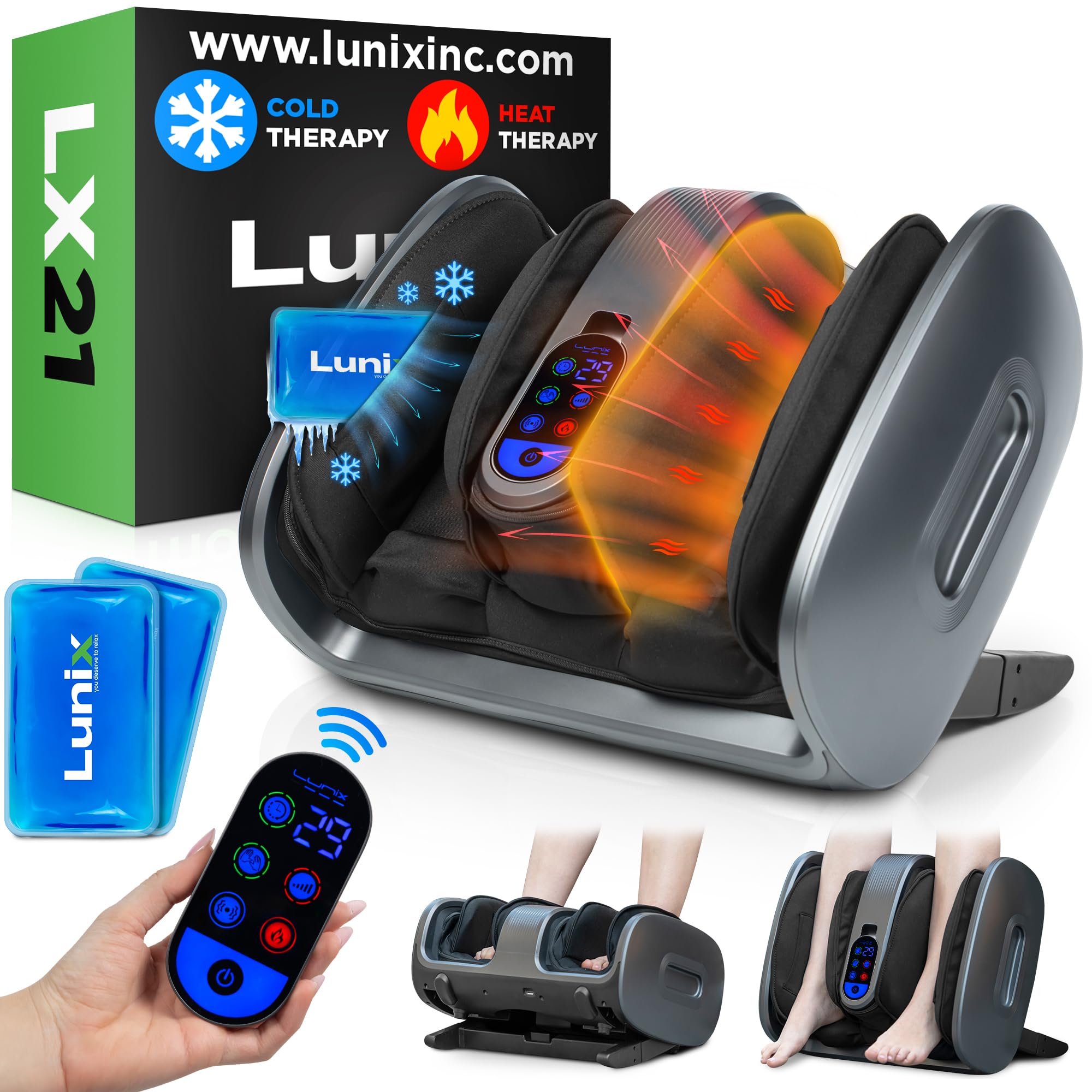 Lunix LX21 Feet Massager with Remote for Pain Relief and Circulation, Shiatsu Foot Massager for Plantar Fasciitis and Neuropathy, Foot and Calf Massager with Heat, Ankle Massager, Gray