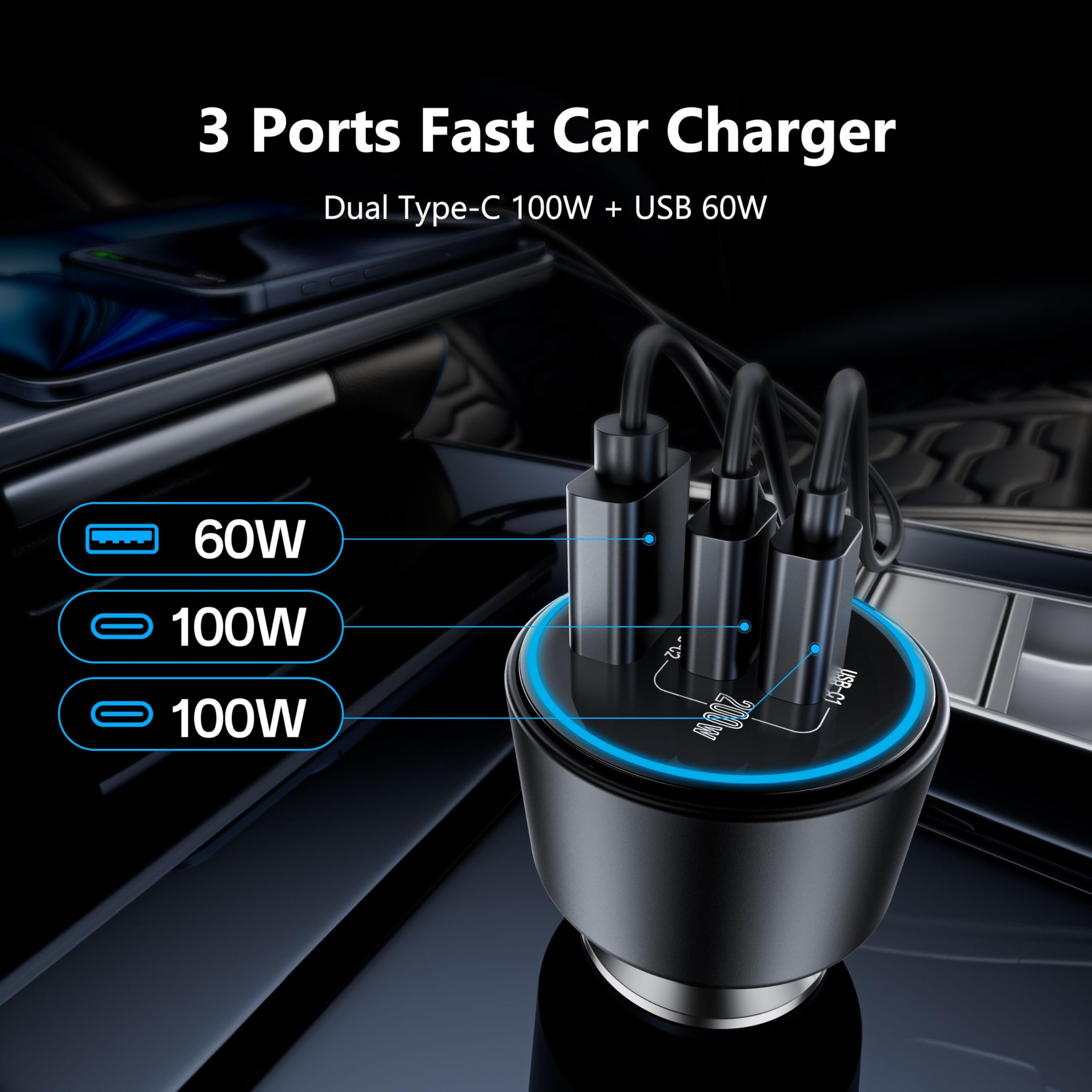 USB C Car Charger Fast Charging 200W, Dual PD 100W Type C Car Charger, PD3.0/QC4.0/PPS Cigarette Lighter Adapter for Phone 15/14/13/12, Galaxy S22/S21 Ultra, MacBook, Laptop etc