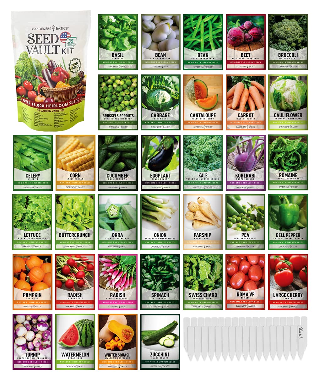 Gardeners Basics, Survival Vegetable Seeds Garden Kit Over 16,000 Seeds Non-GMO and Heirloom, Great for Emergency Bugout Survival Gear 35 Varieties Seeds for Planting Vegetables 35 Plant Markers