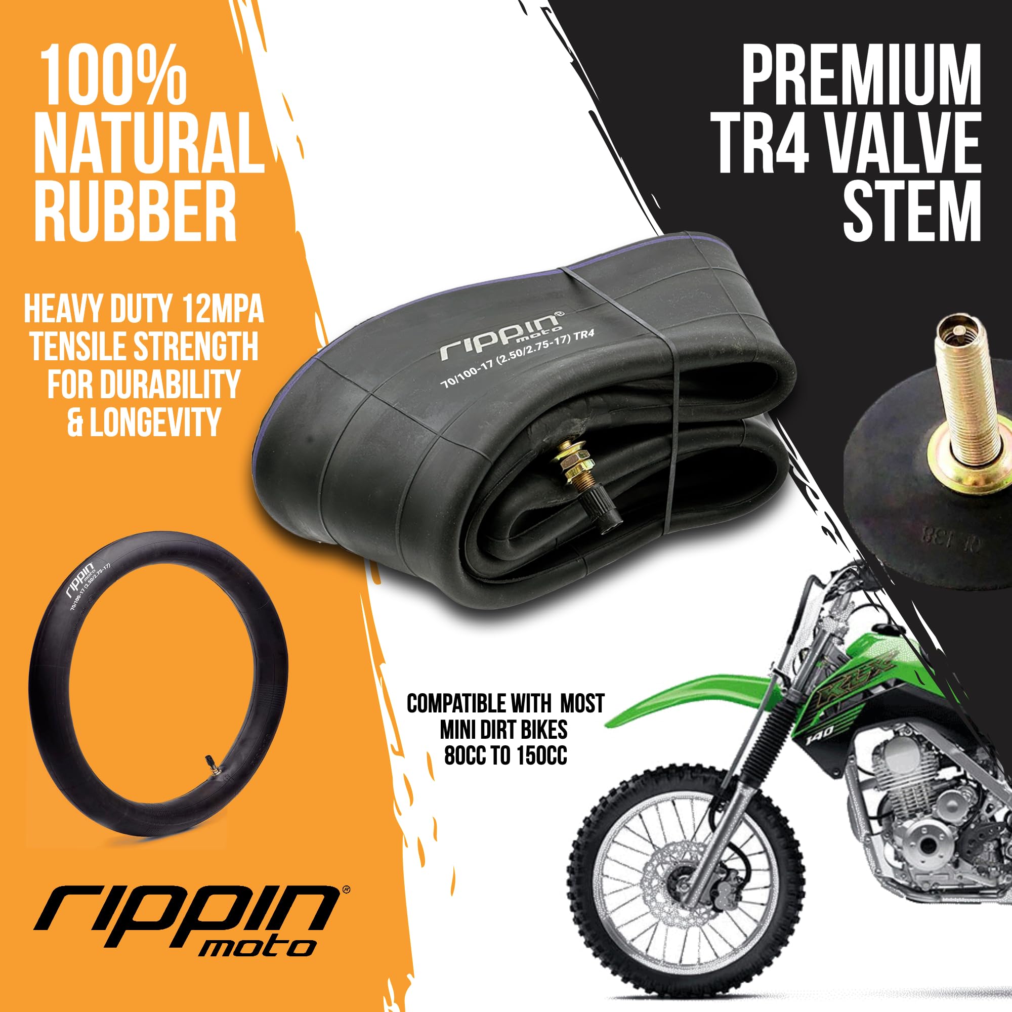 Rippin Moto 2.50/2.75-17 Heavy Duty Dirt Bike Inner Tube (70/100-17) 3.0mm Thick - TR4 Valve - Fits Most 17" (2.50/2.75 x 17) Trail Dirt Bike Tires