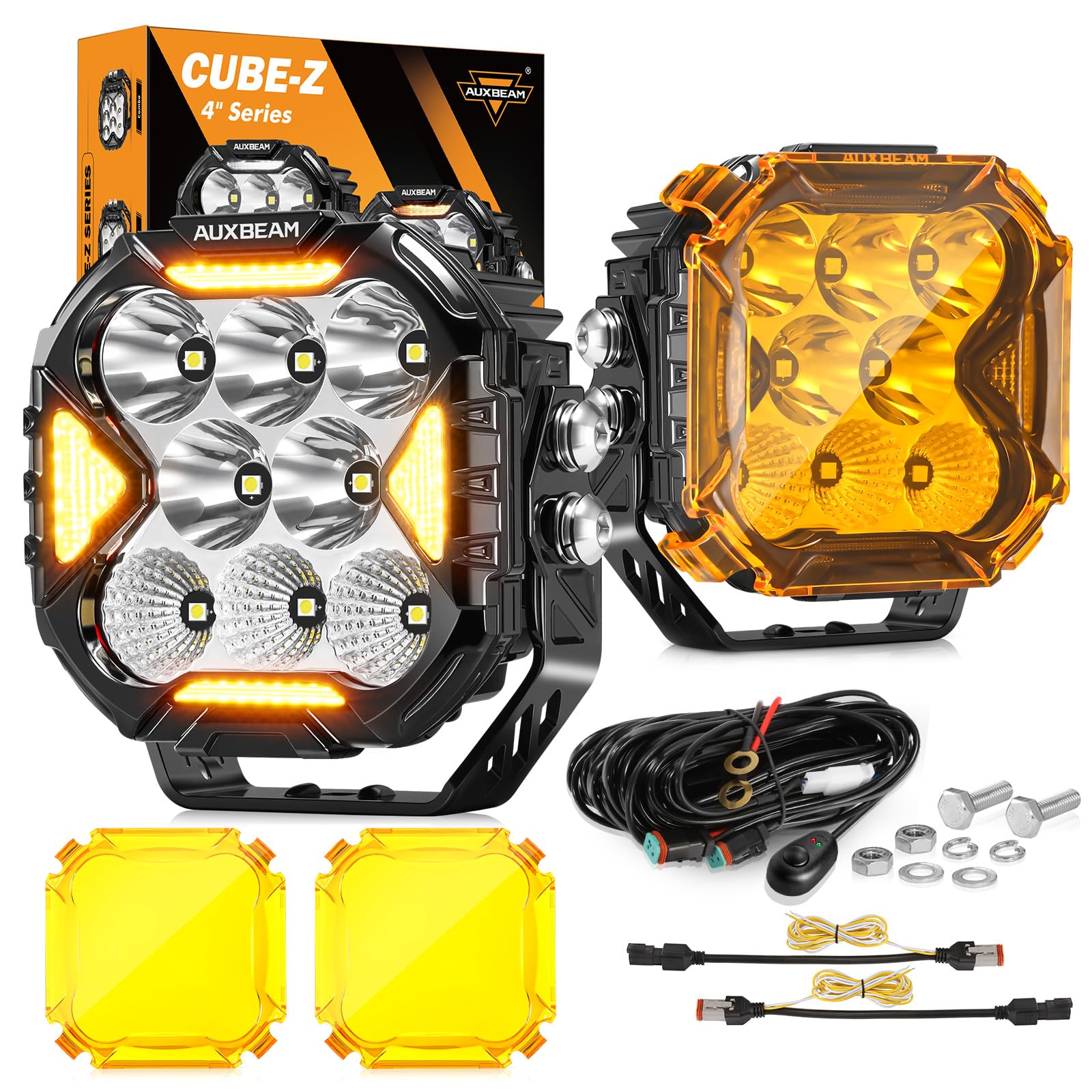 Auxbeam Cube-Z Series 4" Led Pods Lights with Amber Covers, 112W 12800LM Flood Spot Combo Offroad Driving Lights with DRL Turn Signal, Cube Ditch Light with DT Wiring Harness for Jeep ATV UTV, Pair