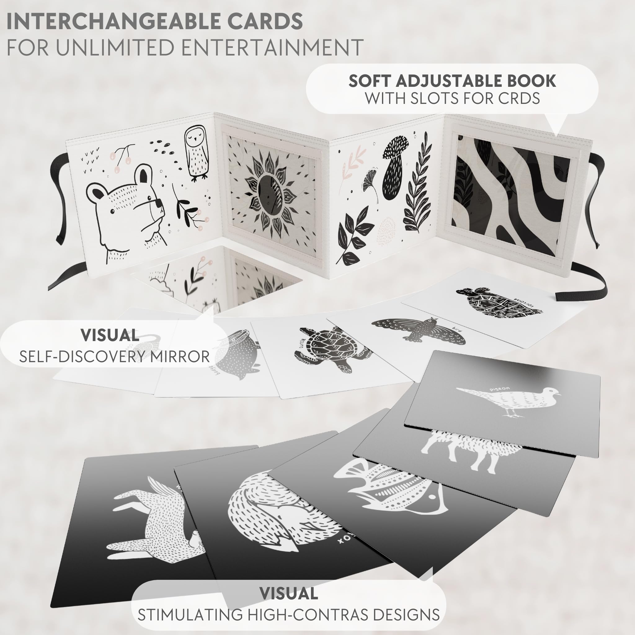 Soft Tummy Time Book w/ Stimulating Baby Safe Mirror - Fun Black and White Montessori Toy w/ Crinkle Filling & 20 High Contrast Designs - Perfect Newborn Toy For Safe and Early Infant Development