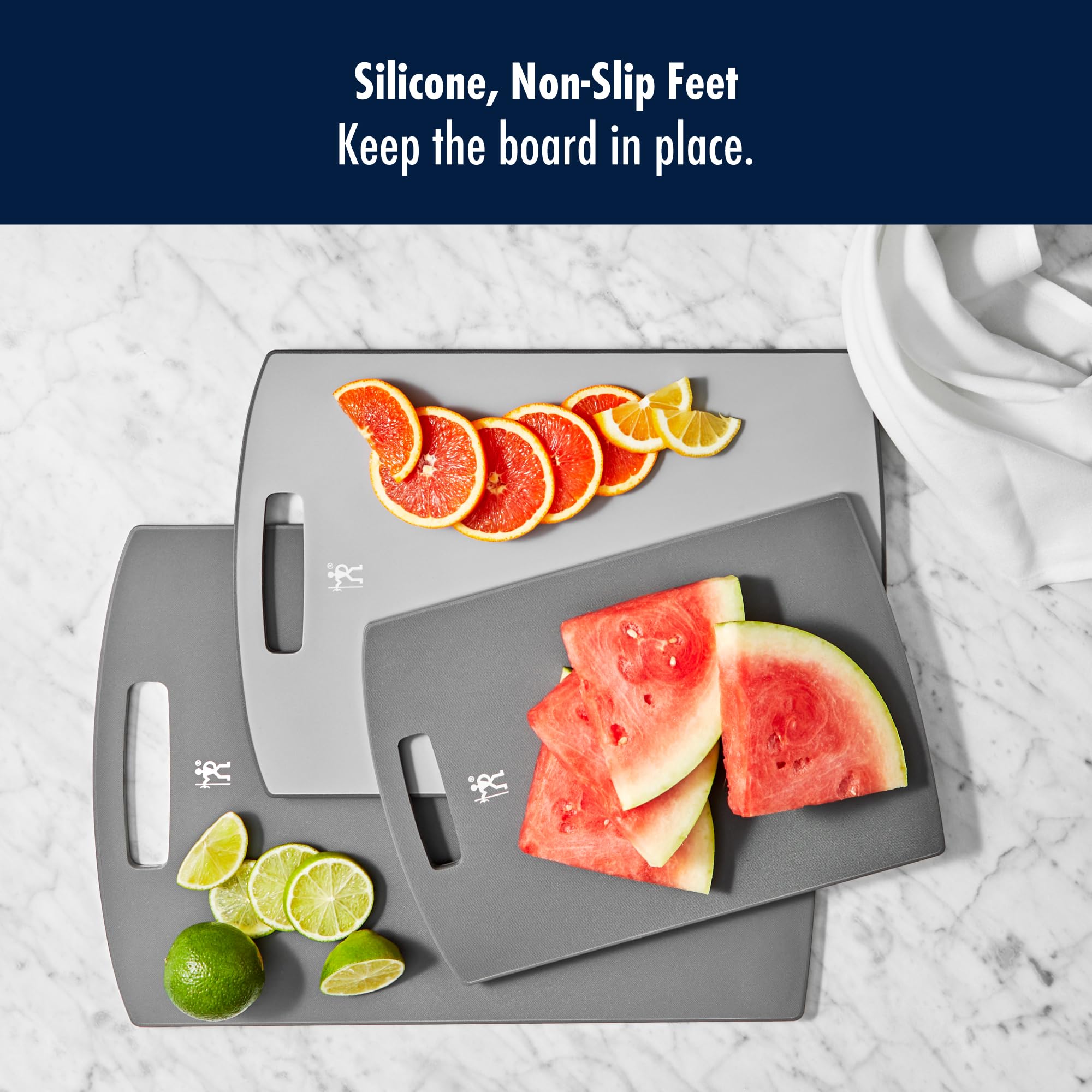 HENCKELS Cutting Board Set, 3-Piece Plastic Kitchen Chopping Boards with Gray Trim, Non-Slip Silicone Feet, BPA-Free, Dishwasher Safe
