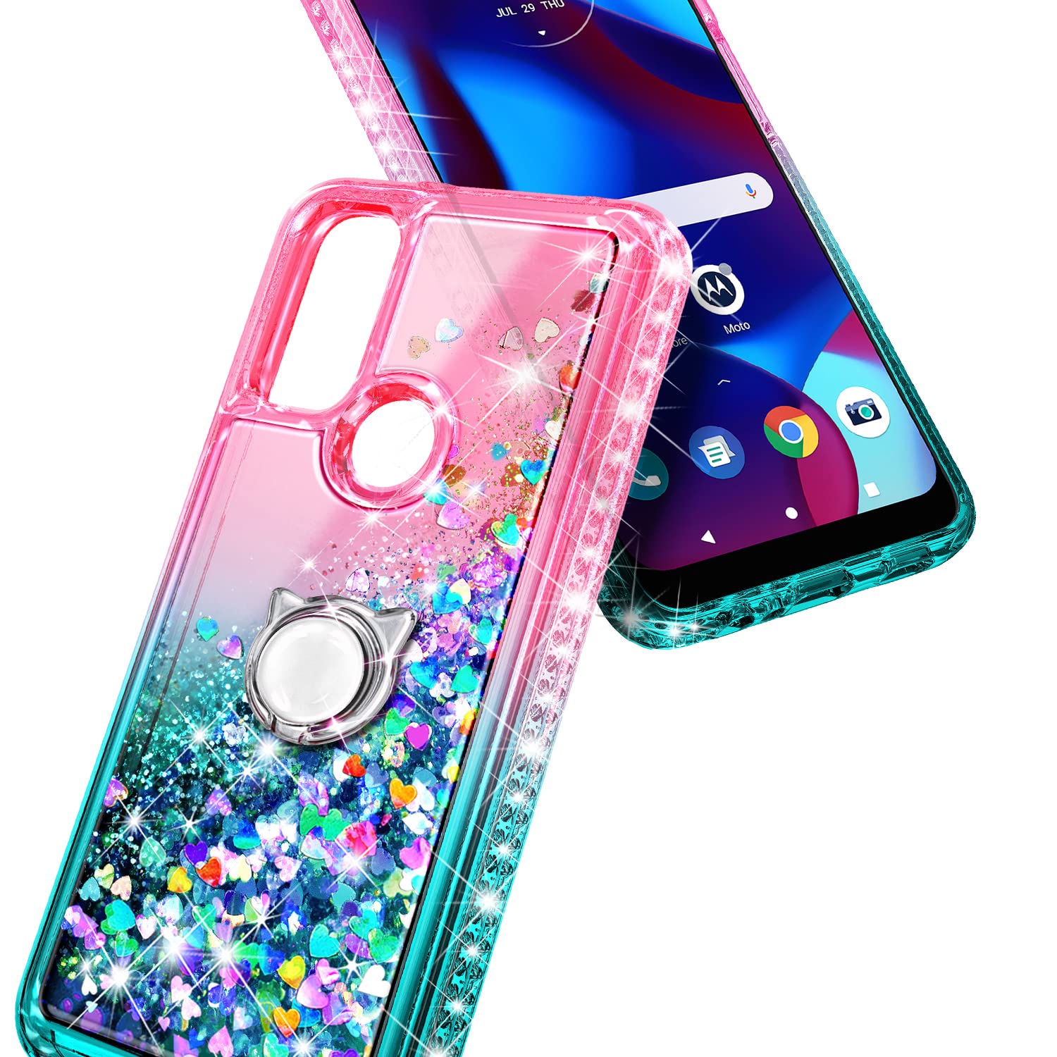 NZND Case for Motorola Moto G Pure/Moto G Play 2023/ Power 2022 with Tempered Glass Screen Protector, Ring Holder/Wrist Strap, Glitter Floating Liquid Waterfall Girls Cute Phone Case (Pink/Aqua)