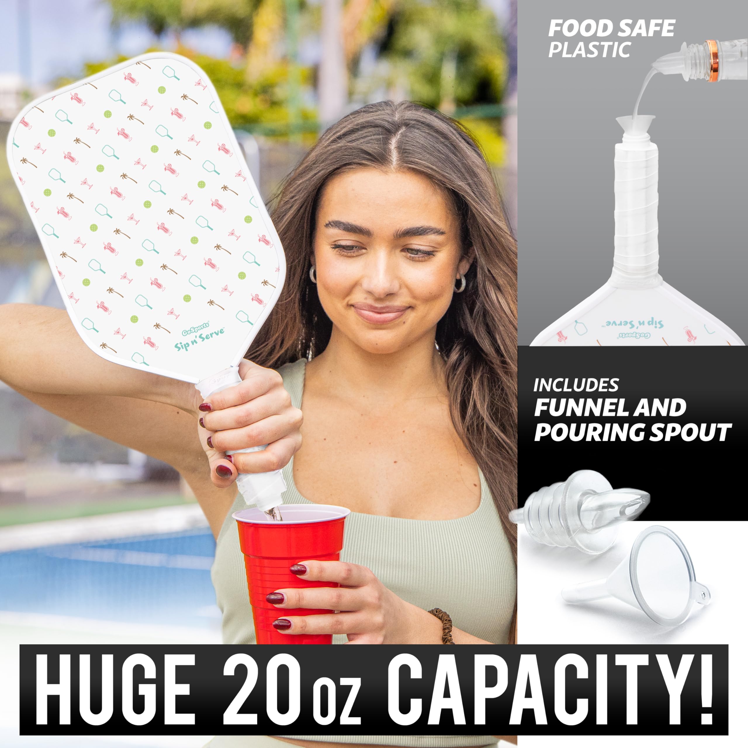 GoSports Sip N' Serve Pickleball Paddle Flask (20 oz) - Hidden Alcohol Travel Flask - Funny Liquor Gift – Includes Funnel & Spout