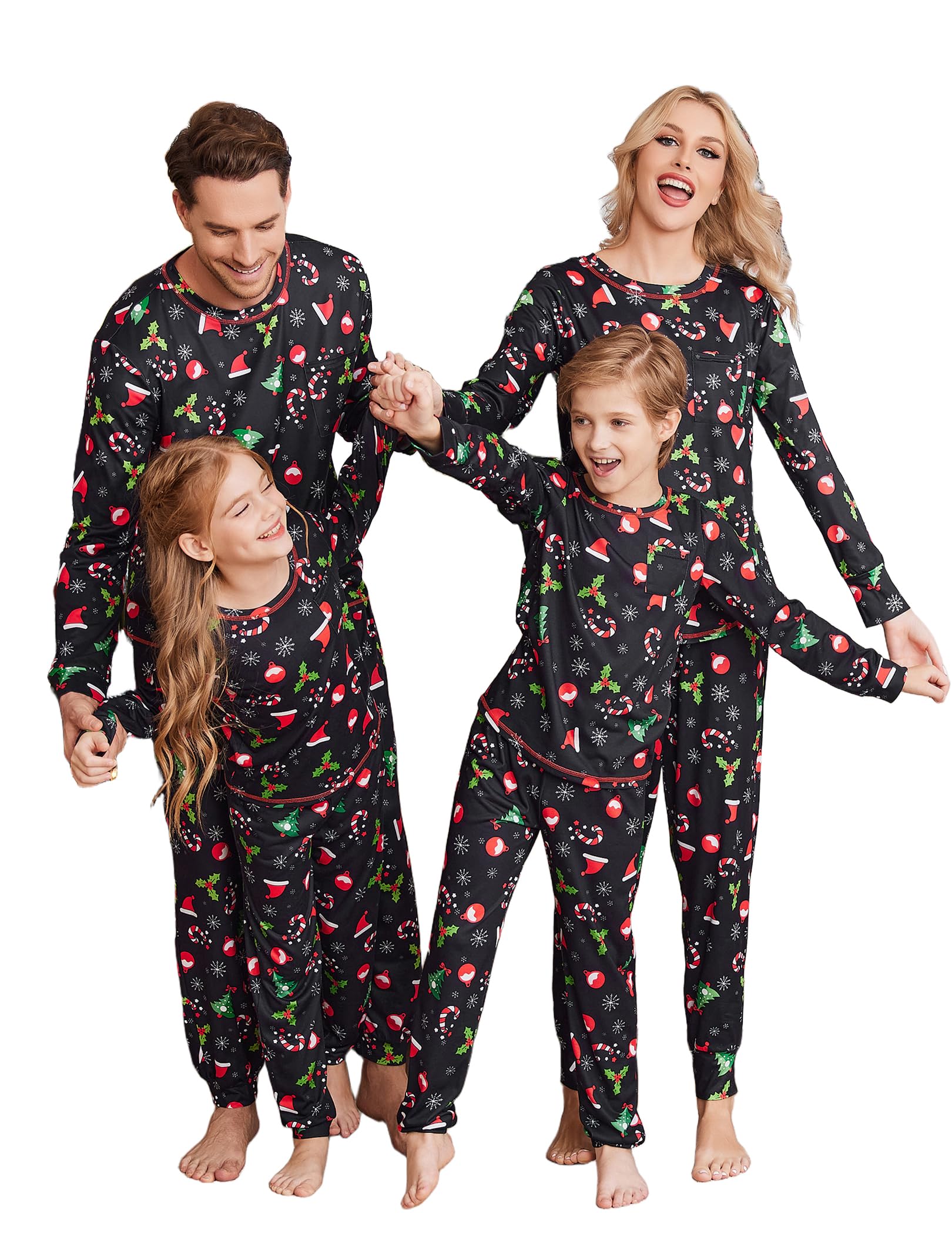 Ekouaer Christmas Pajamas for Family Matching Long Sleeve Holiday Pjs Loungewear 2 Piece Lounge Sets Christmas Hat on Black Women L