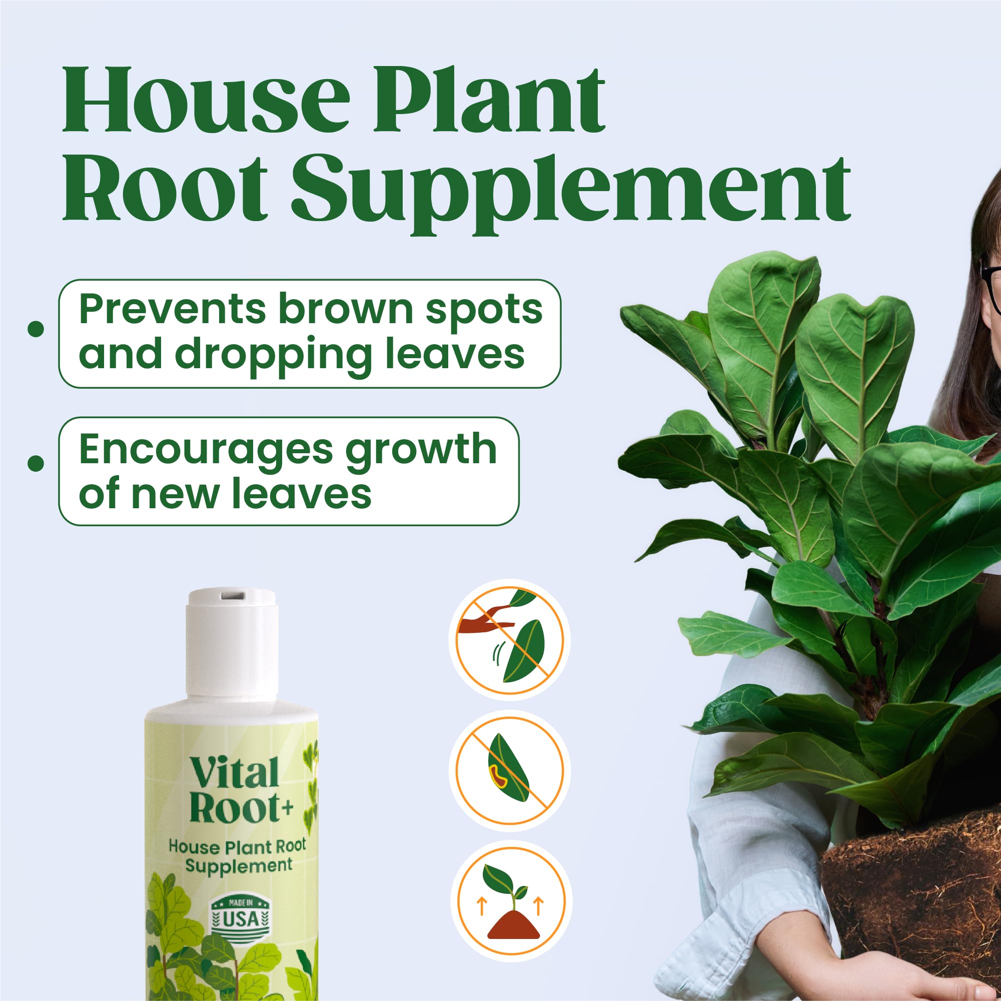 Root Supplement, Liquid Stimulator for Fiddle Leaf Fig & Indoor Plants - Propagation Promoter & Rot Treatment - Food for Healthy Roots, Stems & Leaves - Made in USA