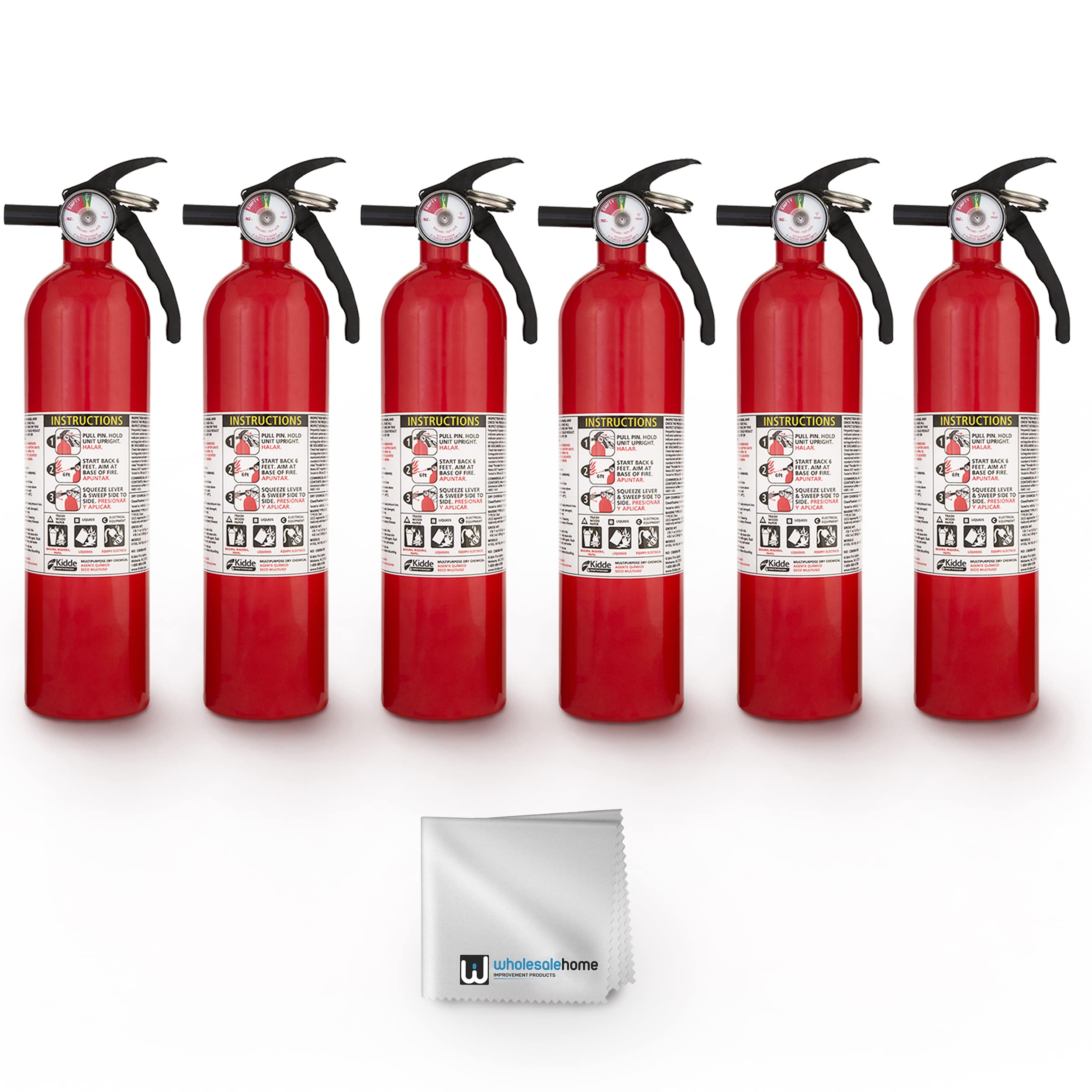 Kidde FA110 Multipurpose Fire Extinguishers 6 Pack - Red, (Rating 1-A:10-B:C) Includes Wholesalehome Cleaning Cloth