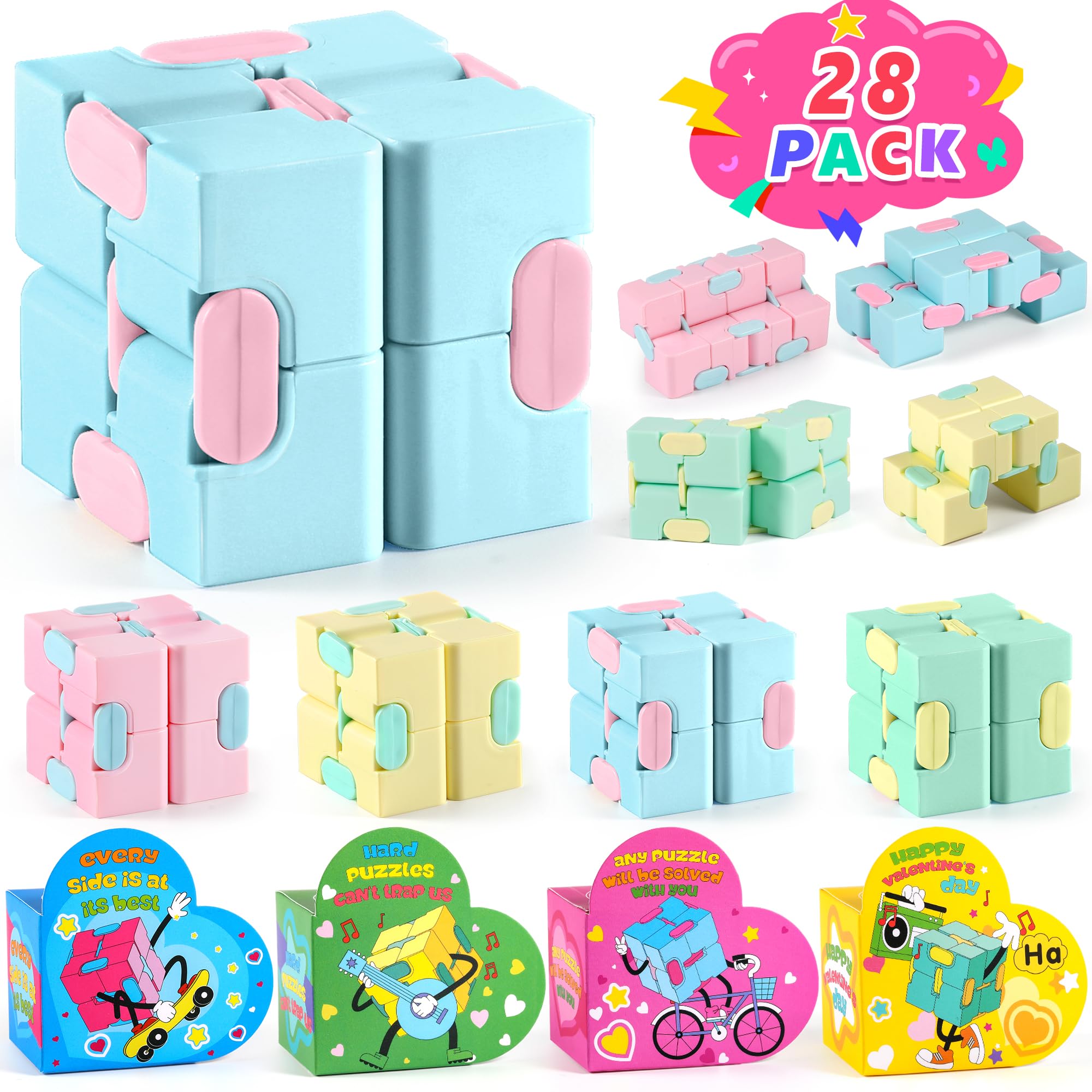 Loscola 28 Packs Valentines Day Gifts for Kids Classroom, Fidget Cube Toy with Valentines Boxes for Kids, Kids Valentines Day Cards, Valentines Cards for Kids Classroom Exchange Gift Valentines Prizes