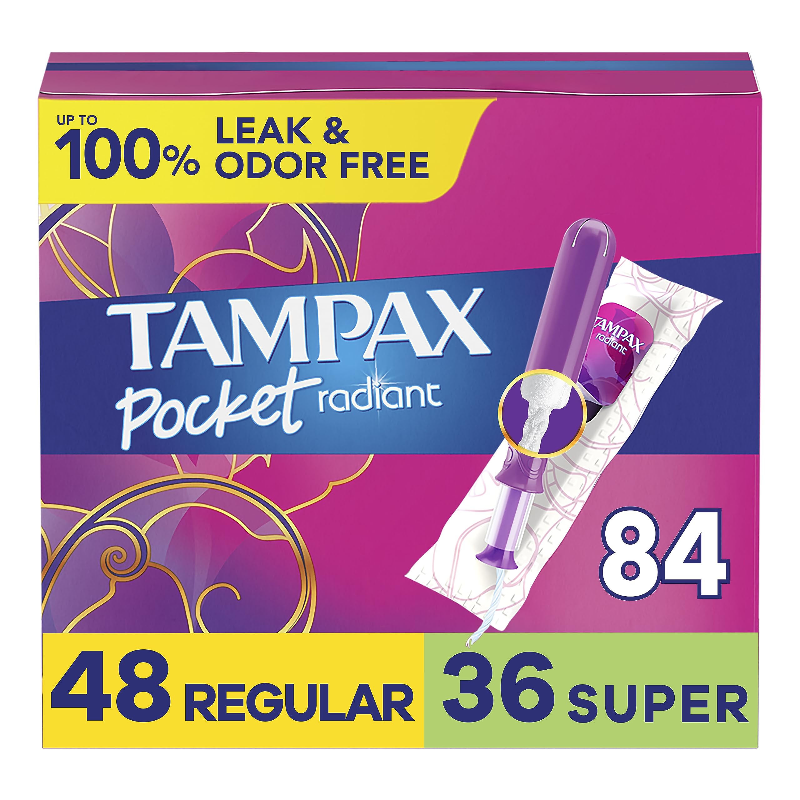 Tampax Pocket Radiant Compact Tampons Duo Pack, Regular/Super Absorbency with BPA-Free Plastic Applicator and LeakGuard Braid, Unscented, 28 Count x 3 Packs (84 Count Total)