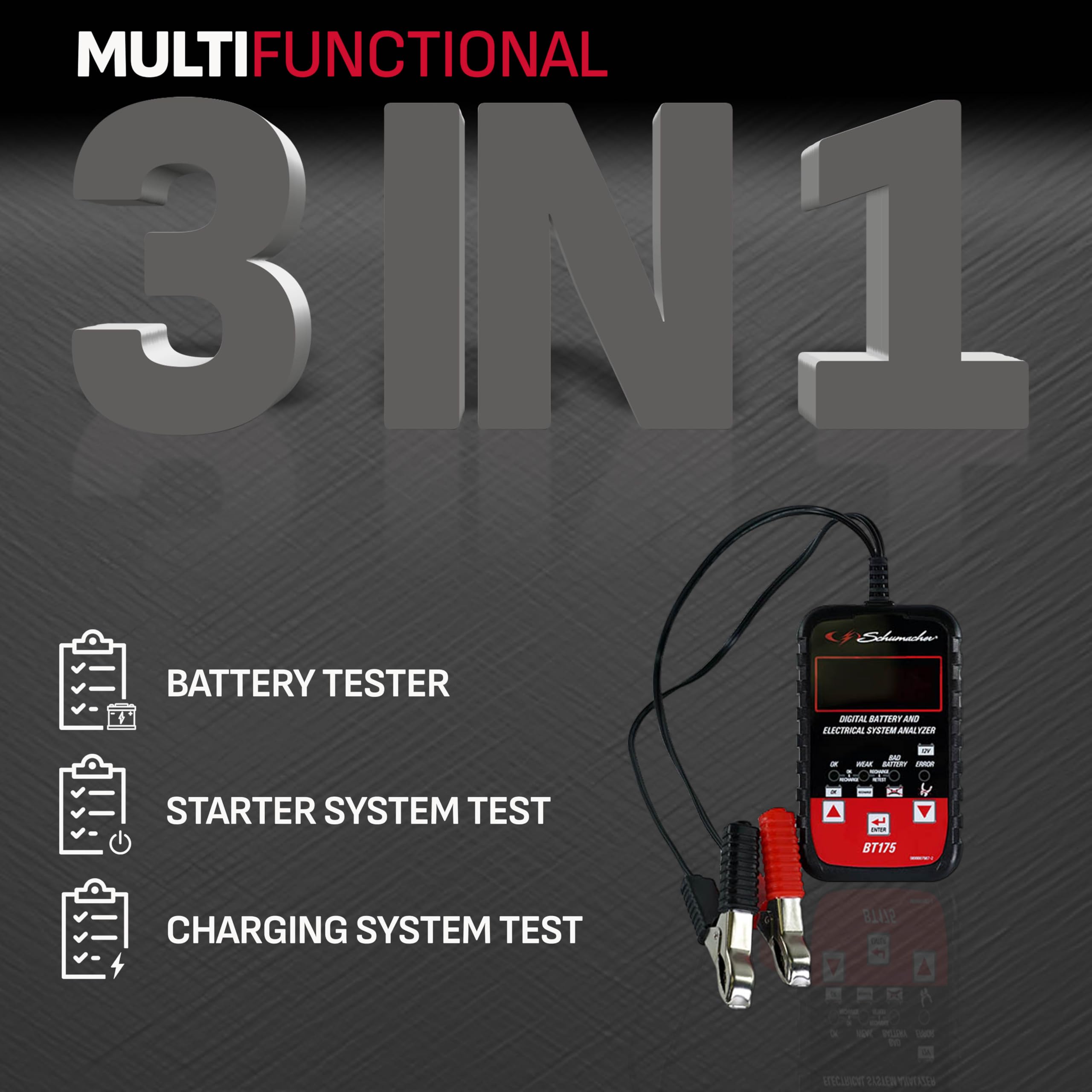 Schumacher Electric Digital Battery Tester, BT175, 3-in-1, 12 Volt, for Use with Motorcycle, ATV, Marine, Car, SUV, Truck, RV, and Classic Car Batteries