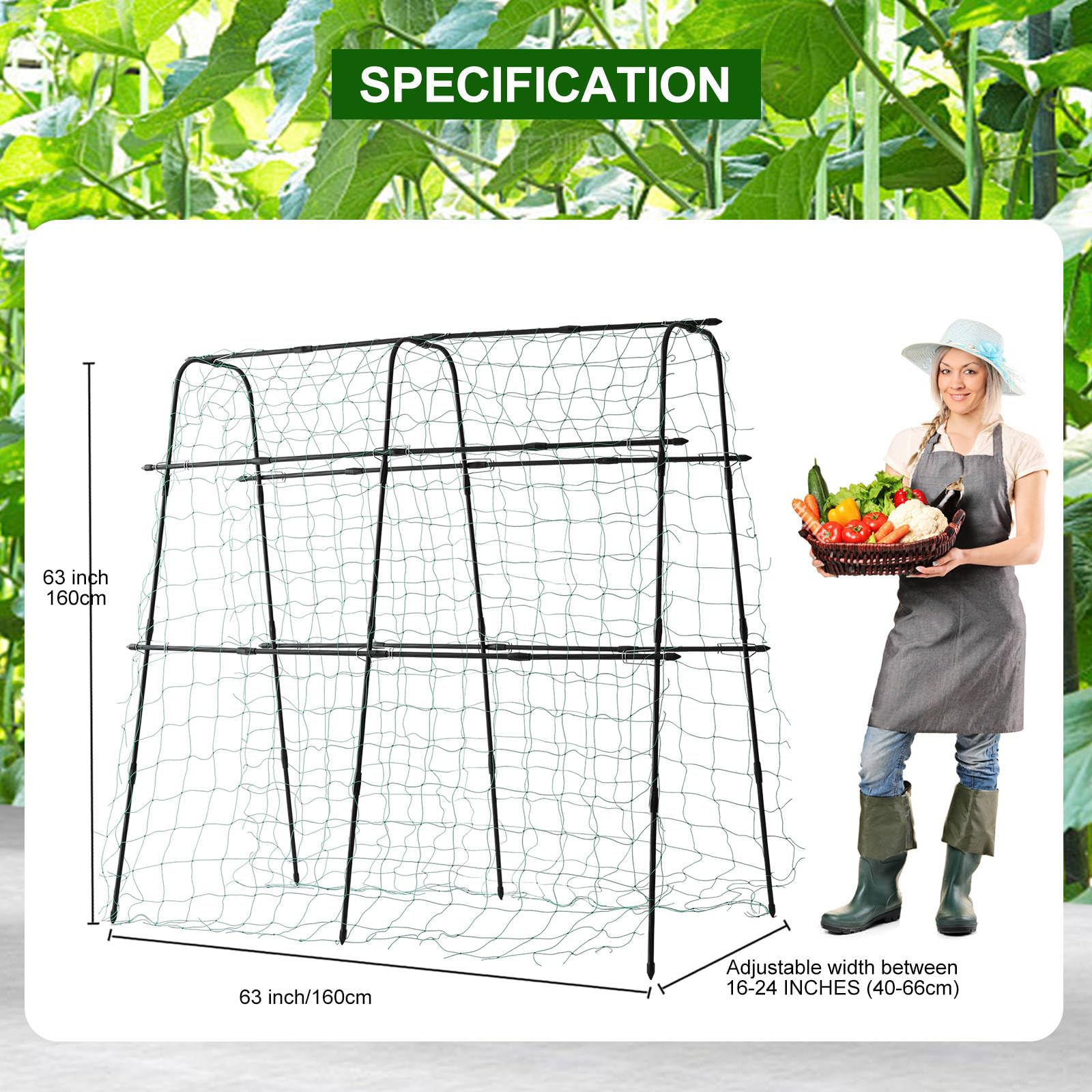 Garden Trellis for Climbing Plants Outdoor | Metal Plant Support for Outdoor Vegetables/Fruits/Flowers Vines | Large Garden Arch Cucumber Trellis with Nylon Garden Netting, 63" Hx 63" L, Black