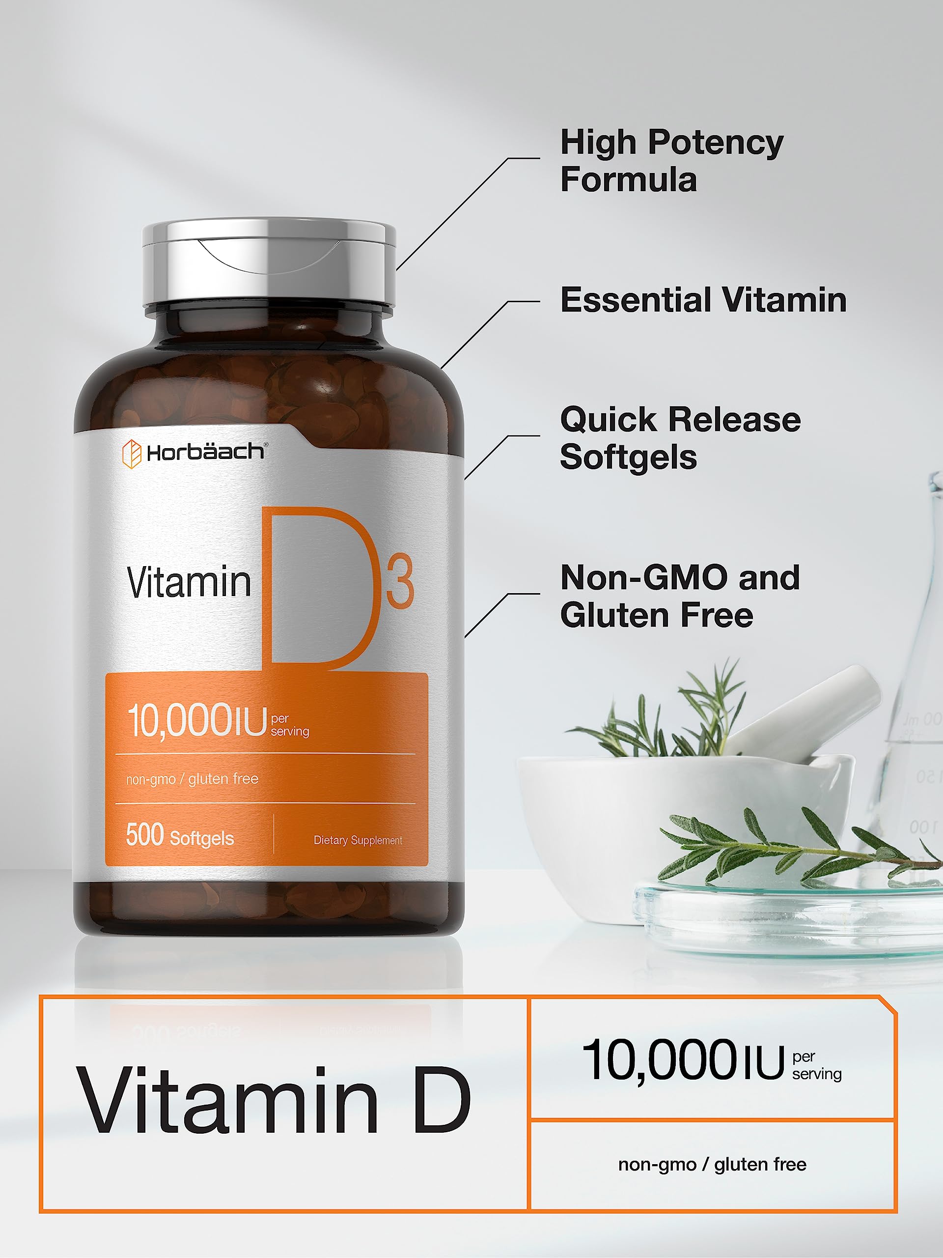 Horbäach Vitamin D3 10000 IU | 500 Softgels | Non-GMO, Gluten Free Supplement | Value Size | 250mcg | High Potency Formula