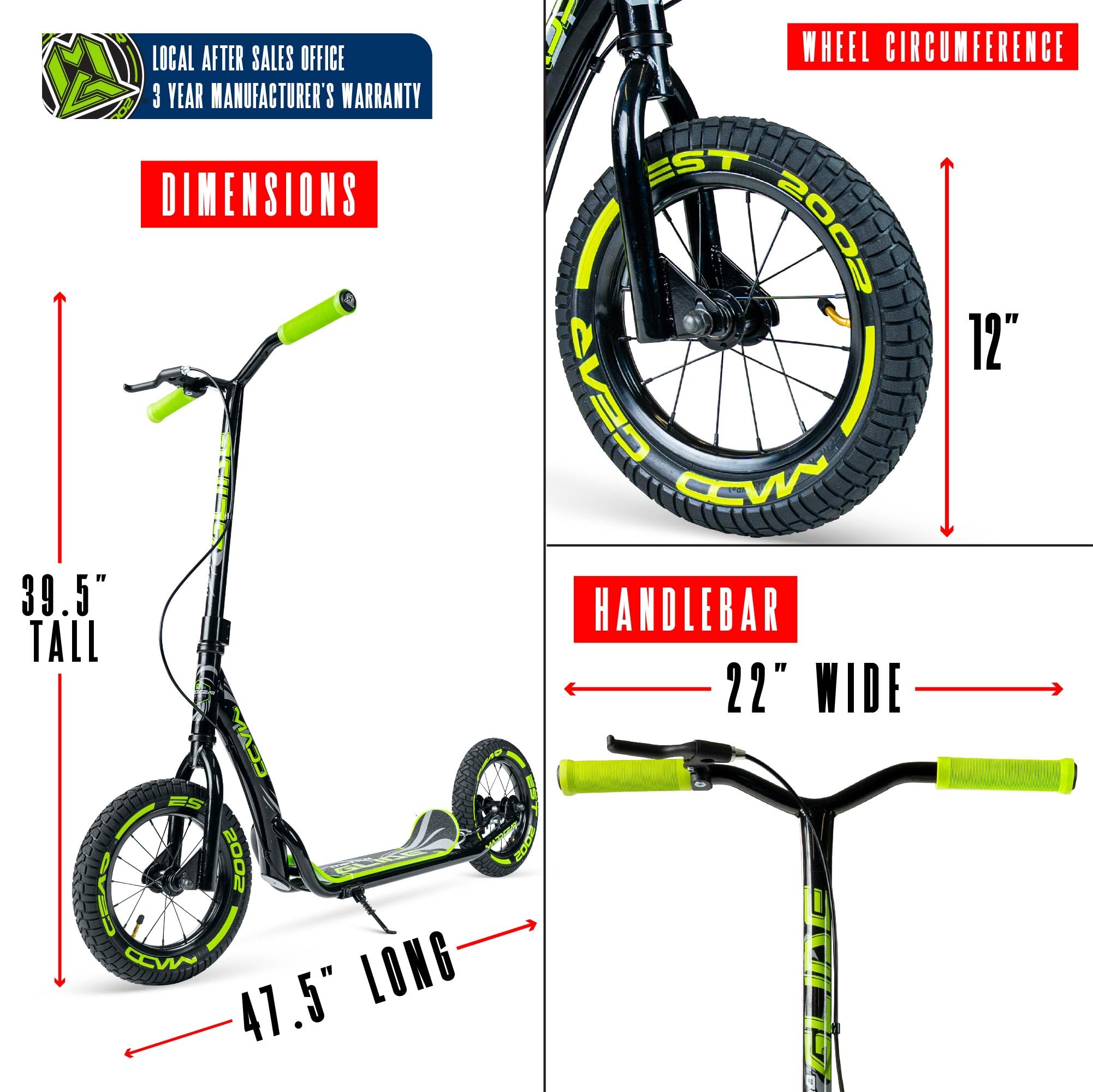 Large Kick Scooter for Adults, Teens & Kids 8-12 with Kickstand – 12" Air-Filled Tires, Wide Deck, Lightweight Steel Frame – Madd Gear Metro Glide 300 (Black Green)