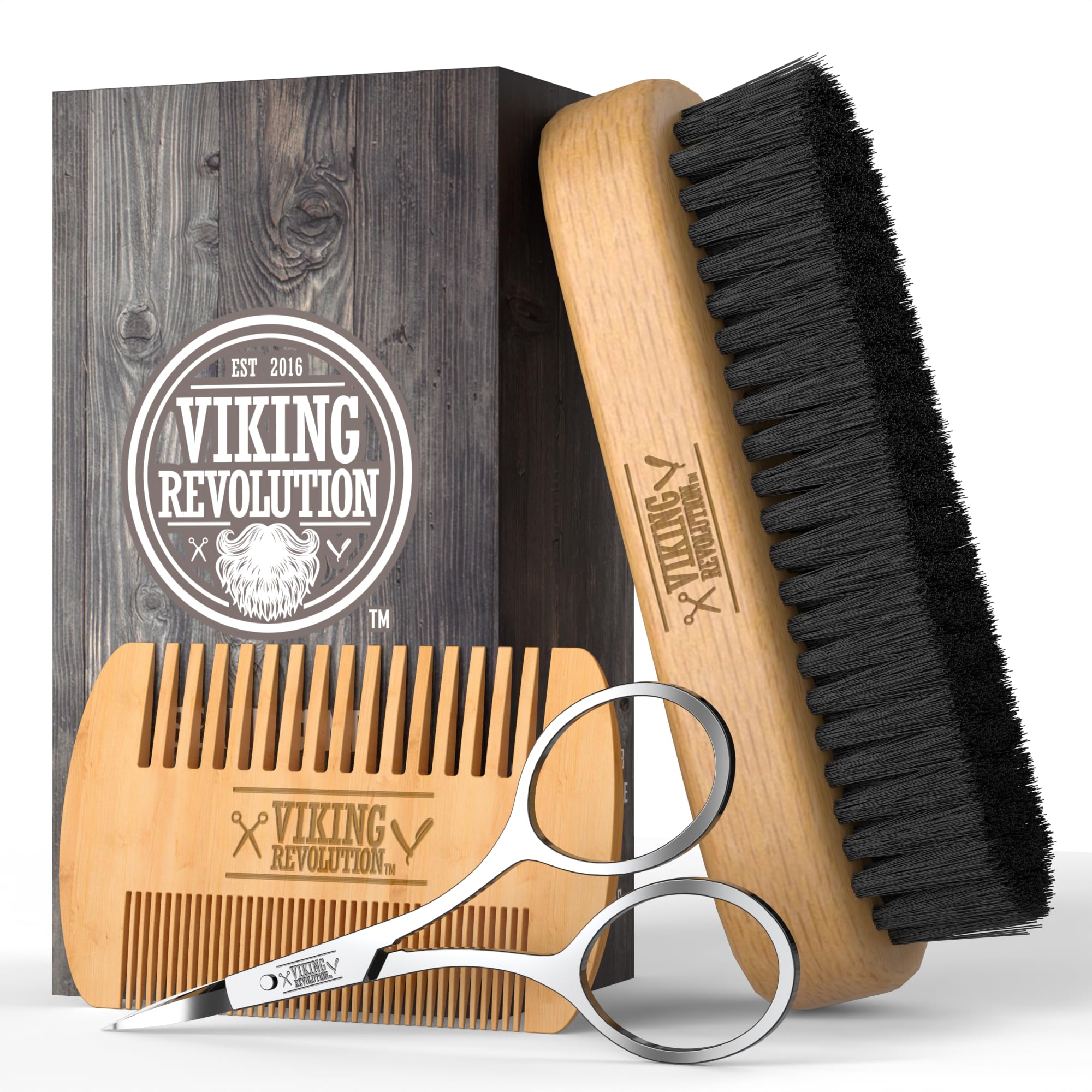 Viking Revolution Natural Boar Bristle Brush and Pear Wood Comb Set for Men - Dual Action Grooming for Beards and Mustaches with Velvet Travel Pouch