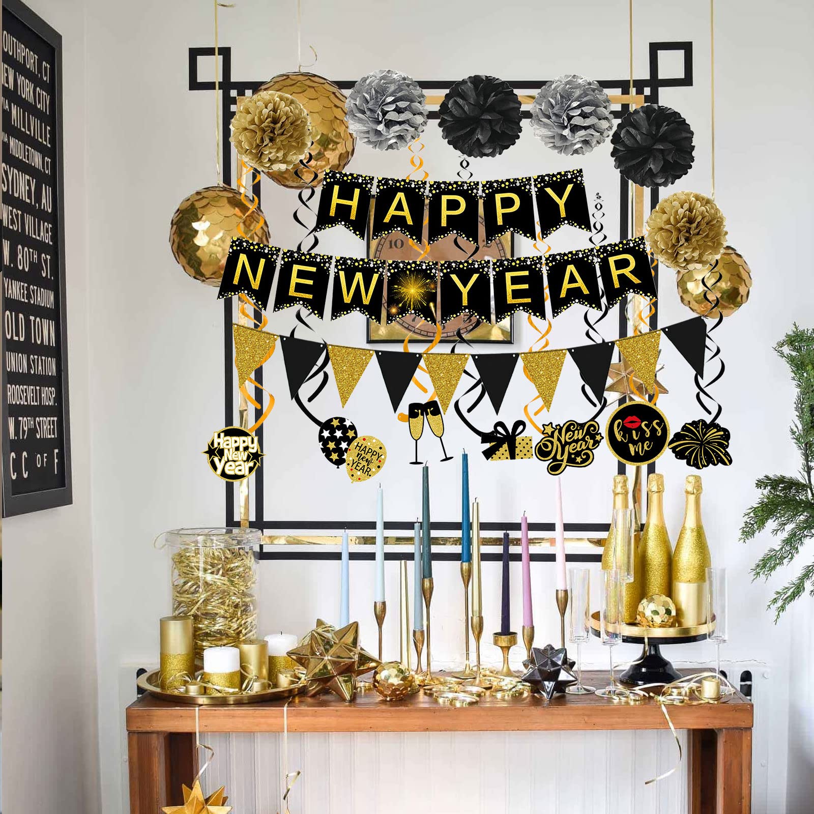 Famoby Happy New Year Banner Pom poms Triangle flag Swirls Garland Hanging Bunting for Happy New Year Party Decorations