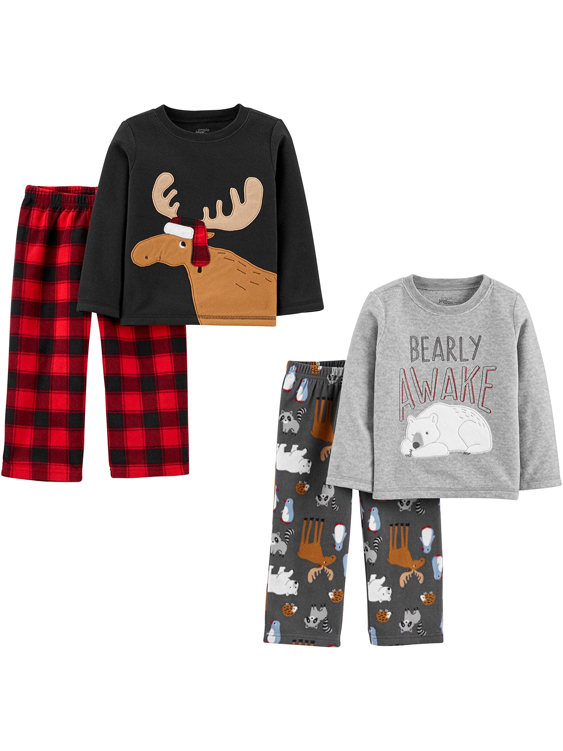 Simple Joys by Carter's Boys' 4-Piece Pajama Set (Cotton Top & Fleece Bottom), Black Reindeer/Dark Grey Forest Animals/Grey Polar Bear/Buffalo Plaid, 2T