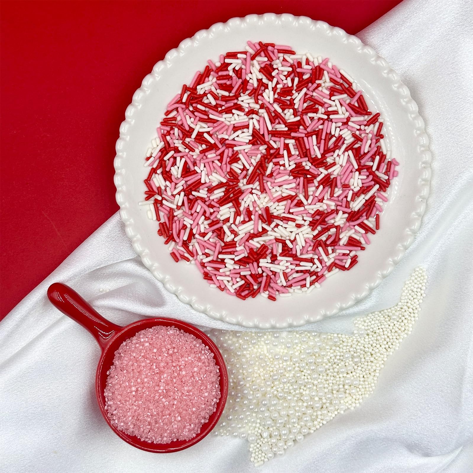 Valentines Sprinkles for Cake Decorating, Pink Heart Jimmies Frosting and Pearl Sprinkles Mix for Valentines Day Cookie Ice Cream Baking Cupcake Topping