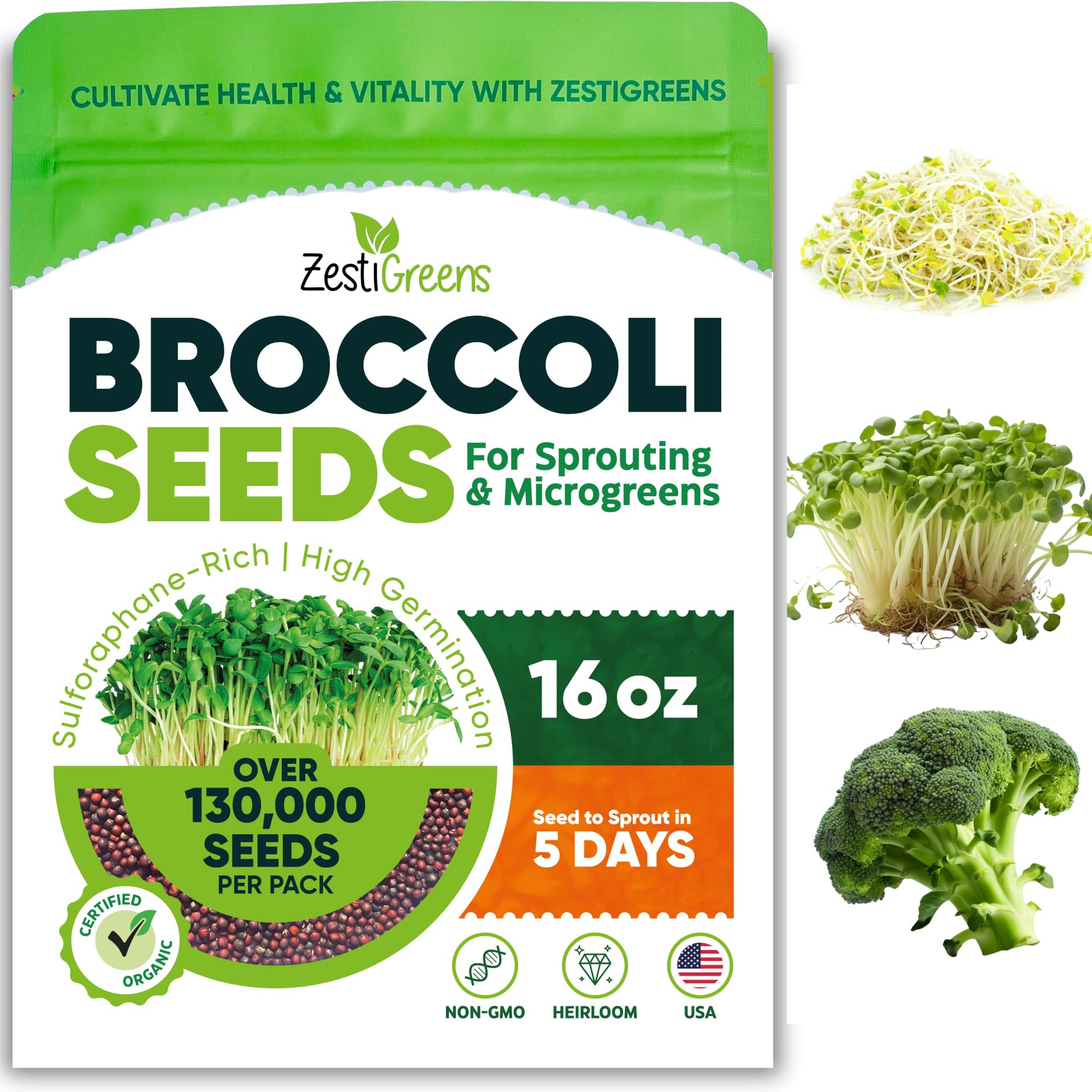 Broccoli Sprouting & Microgreens Seeds x 1 lb. Organic, Non-GMO, Heirloom Sprout Seeds Kit, Bulk Resealable Container for Growing Superfood Sprouts and Microgreens