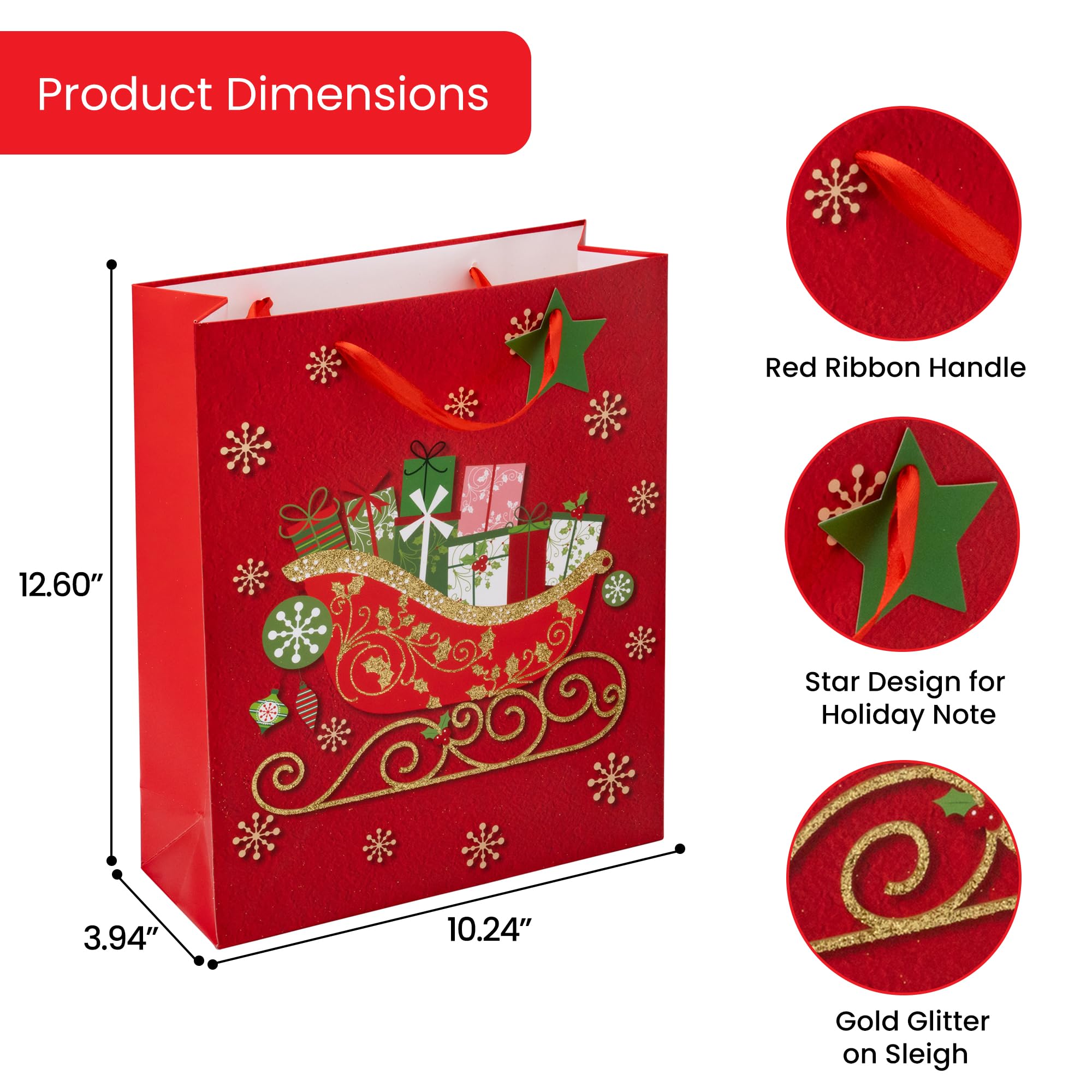 RACHELLE'S Christmas Gift Bags (Medium, 13"x10"x4") - 2 Pack Sturdy Paper Gift Bags with Tissue Paper, Tag and Handle - Ideal Party Favors and Gifting this Christmas Holiday Season