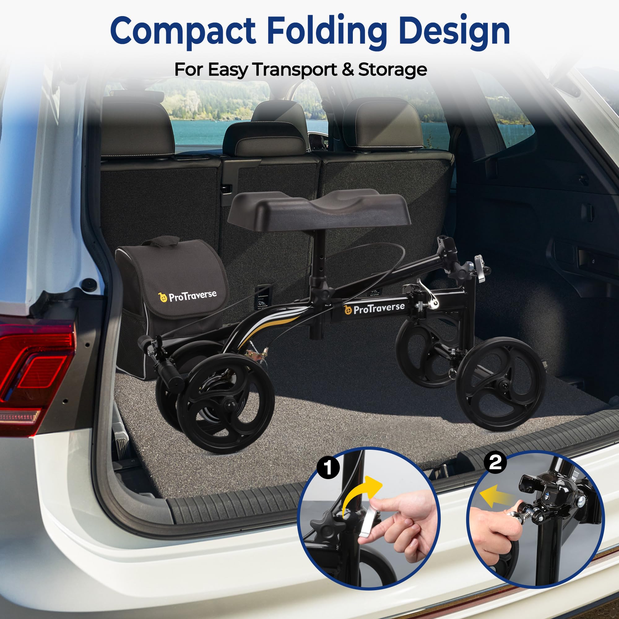 ProTraverse Knee Scooter for Adults, Foldable & Steerable Knee Walker with Comfort Knee Pad, Crutch Alternative for Adults，Medical Mobility Aid for Foot Surgery, Broken Foot & Ankle Injury,Black