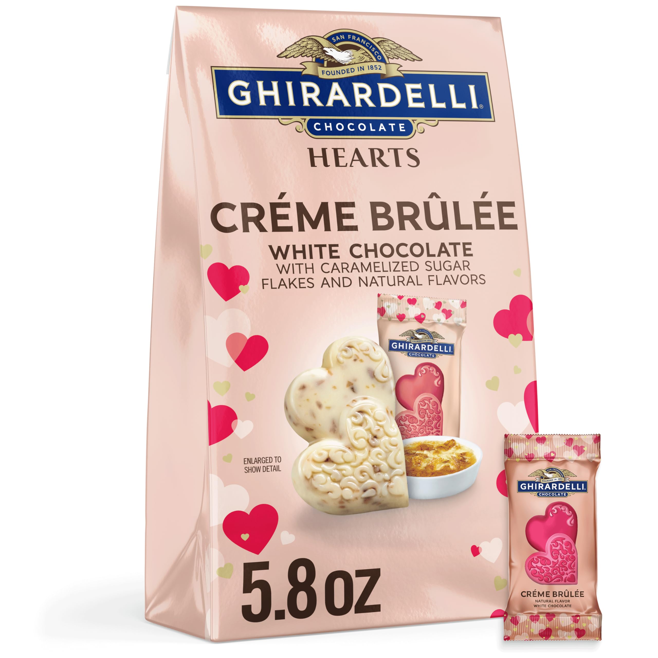 GHIRARDELLI White Chocolate Creme Brulee Duet Hearts, Chocolate Hearts for Valentines, 5.8 OZ Bag