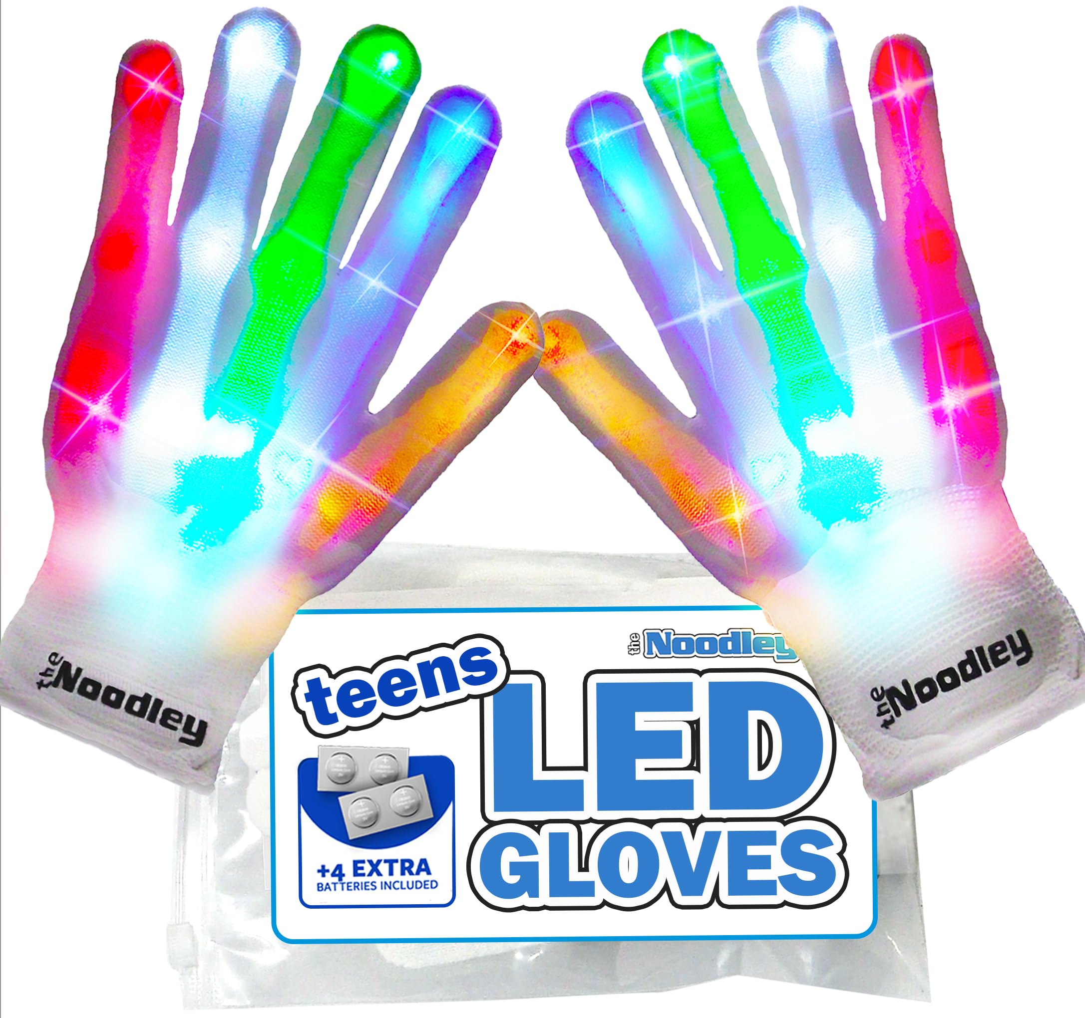 The Noodley Teen LED Gloves Flashing Light Up Glove Teens and Adult Size Rave Party Glow Fingers Family Chirstmas Fun (Large, Ages 13 up)