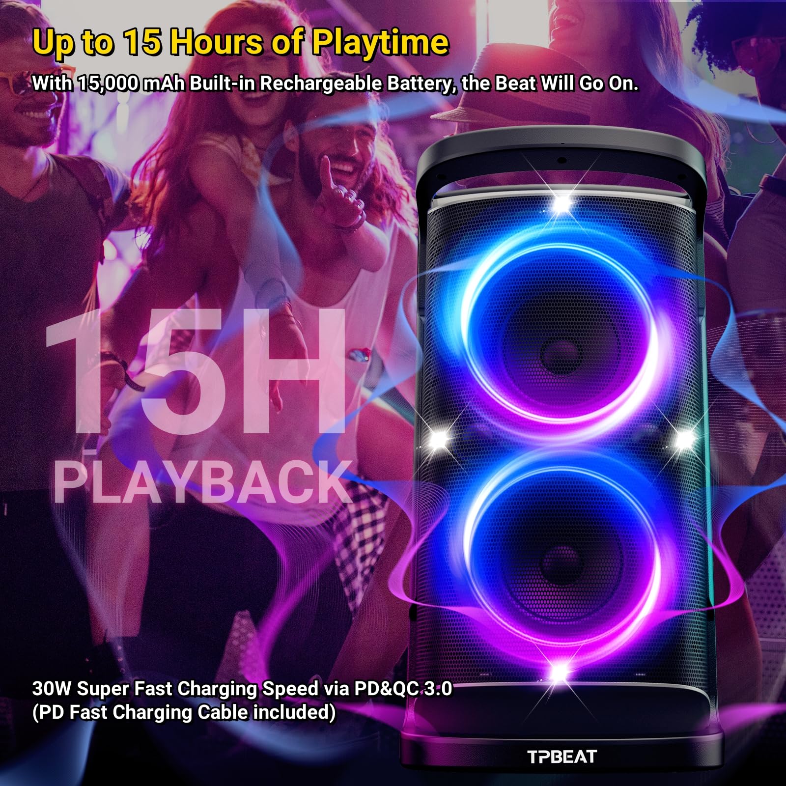 TPBEAT Portable Bluetooth Party Speaker: 160W Peak Powerful Loud Sound Deep Bass Wireless Boombox Large Subwoofer 15 Hours Battery Life Fast Charging with Led Light Show for Outdoor Camping Backyard