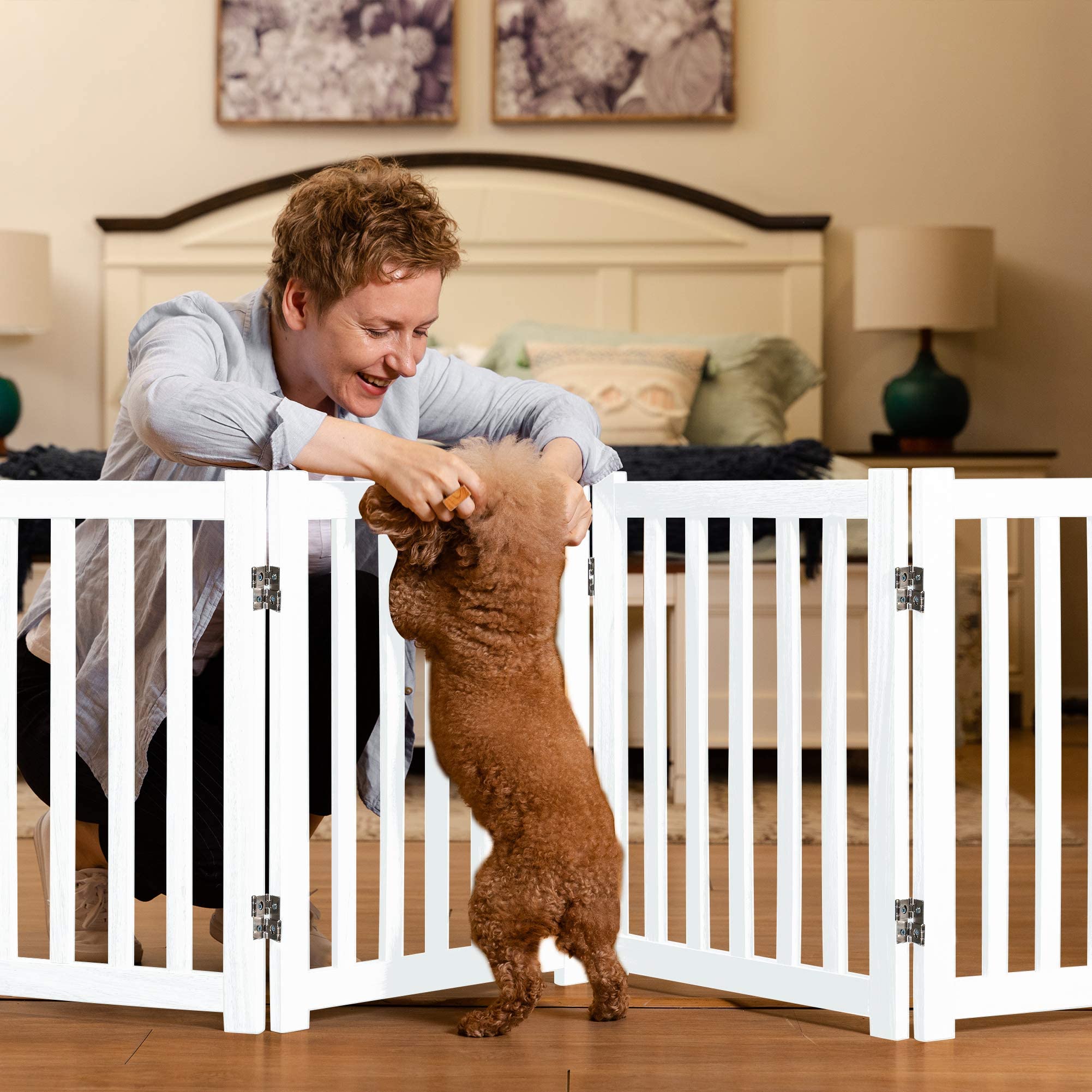 LZRS Solid Hardwood Freestanding Pet Gate,Wooden Dog Gates for Doorways,Nature Wood Dog Gates for The House,Dog Gate for Stairs,Freestanding Indoor Gate Safety Fence,White,24" Height-4 Panels