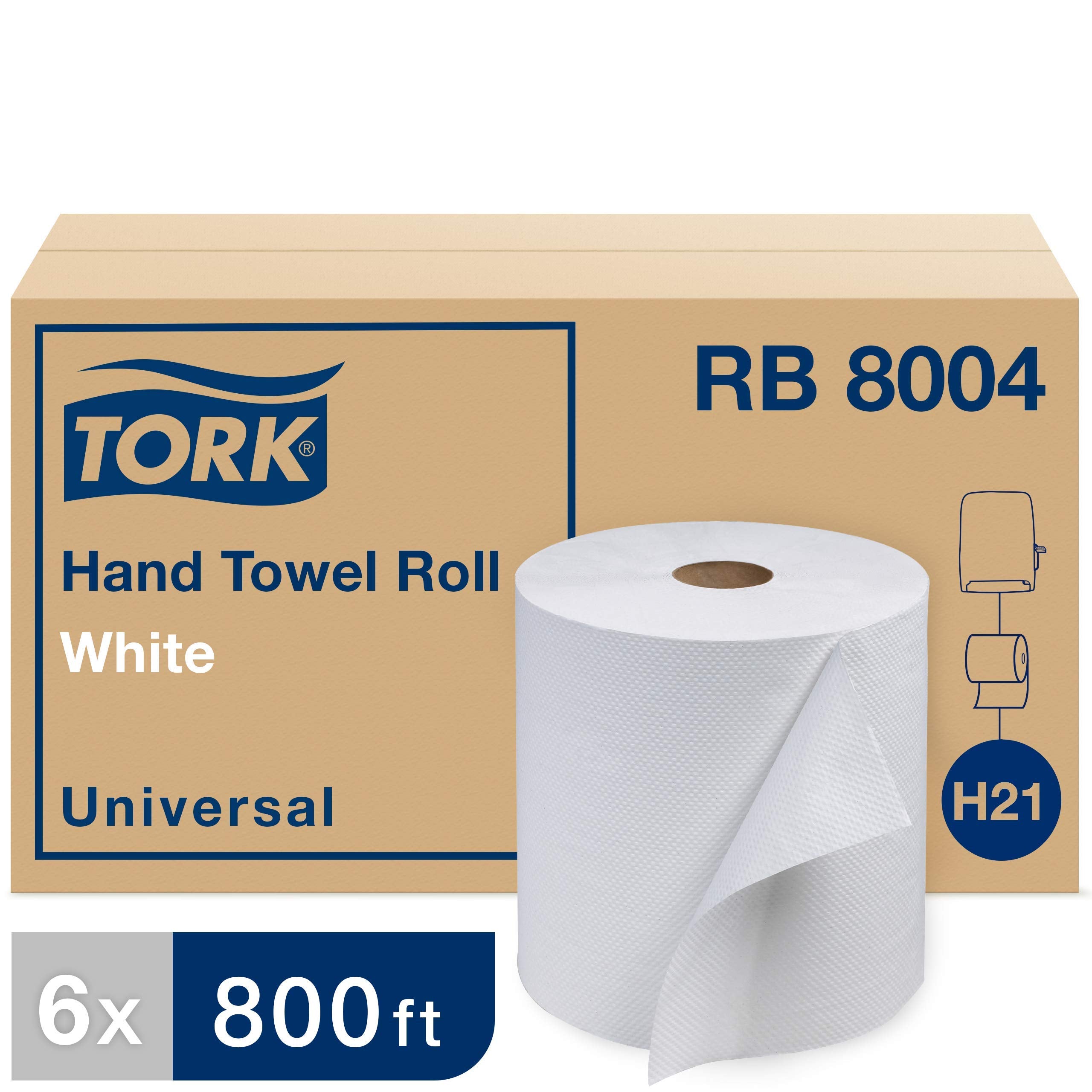 Tork Paper Hand Towel Roll White H21, Universal, 100% Recycled Fiber, 6 Rolls x 800 ft, RB8004