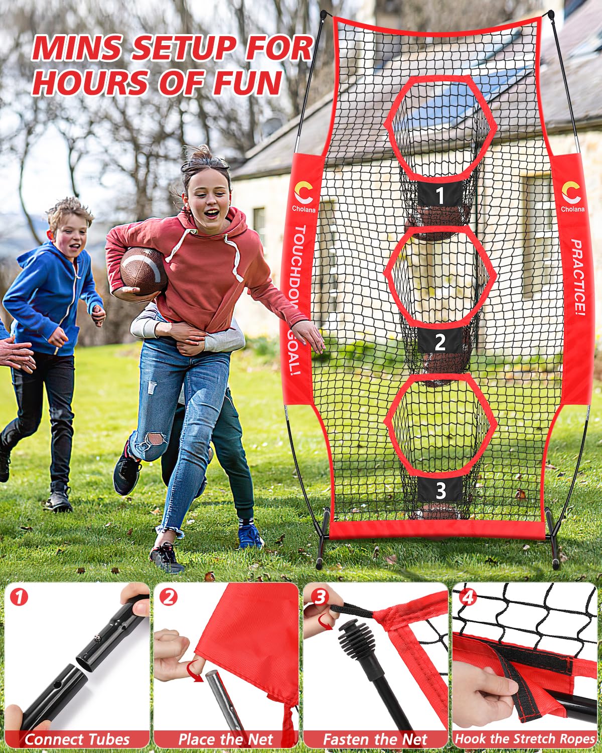Choiana Football Net, 8 x 4ft Football Throwing Target Net Trainer w/ 3 Pockets, Practice Net Quarterback Training Equipment for Throw Accuracy Improving w/Carry Bag, Ground Stake for Backyard Kids