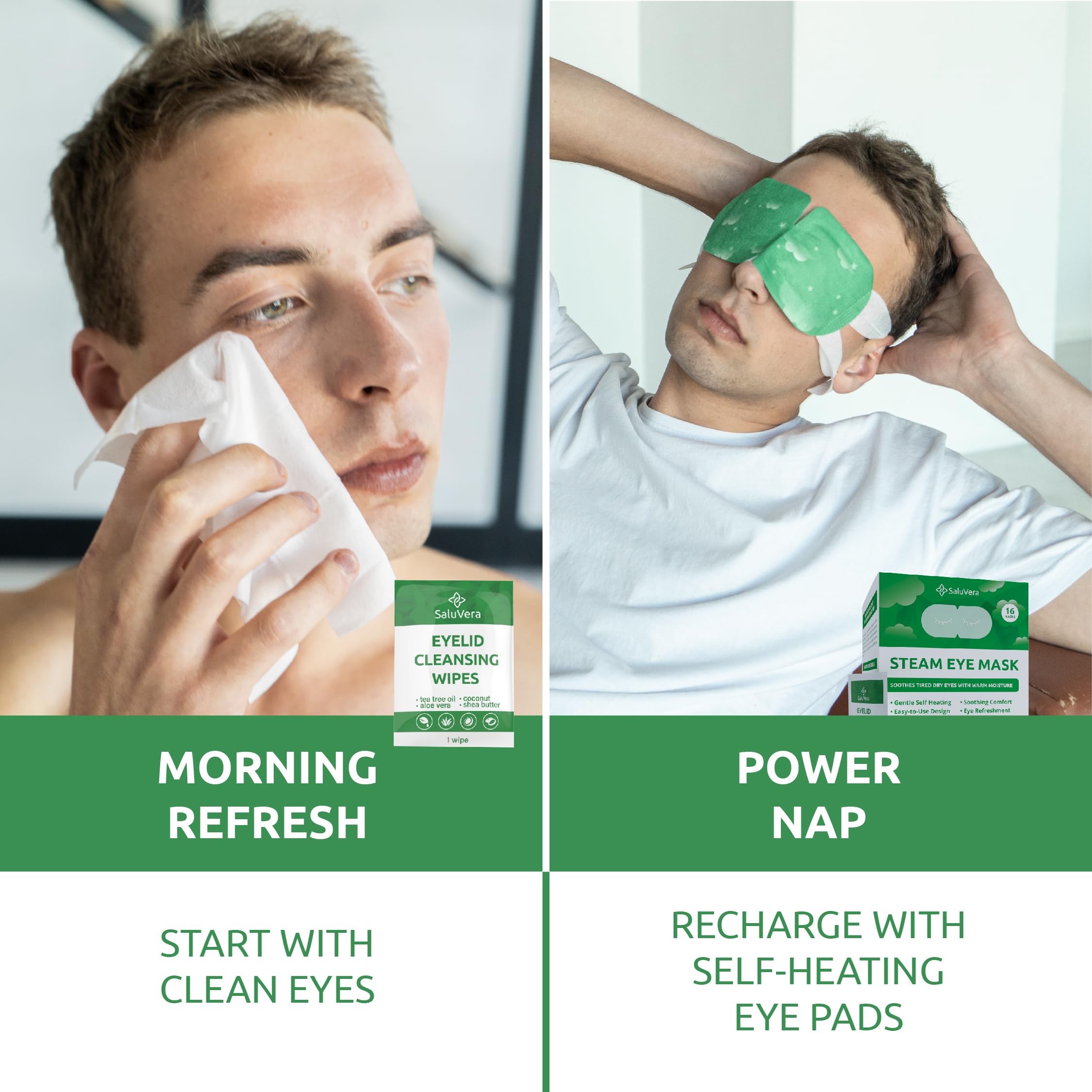 SaluVera Steam Eye Mask for Dry Eyes with 5 Eyelid Cleansing Wipes, Self Heating Eye Compress for Dry Eyes, Soothe and Relax with 40-50 min Spa Eye Mask, Self Warming Eye Masks for Well-Being 16 pcs