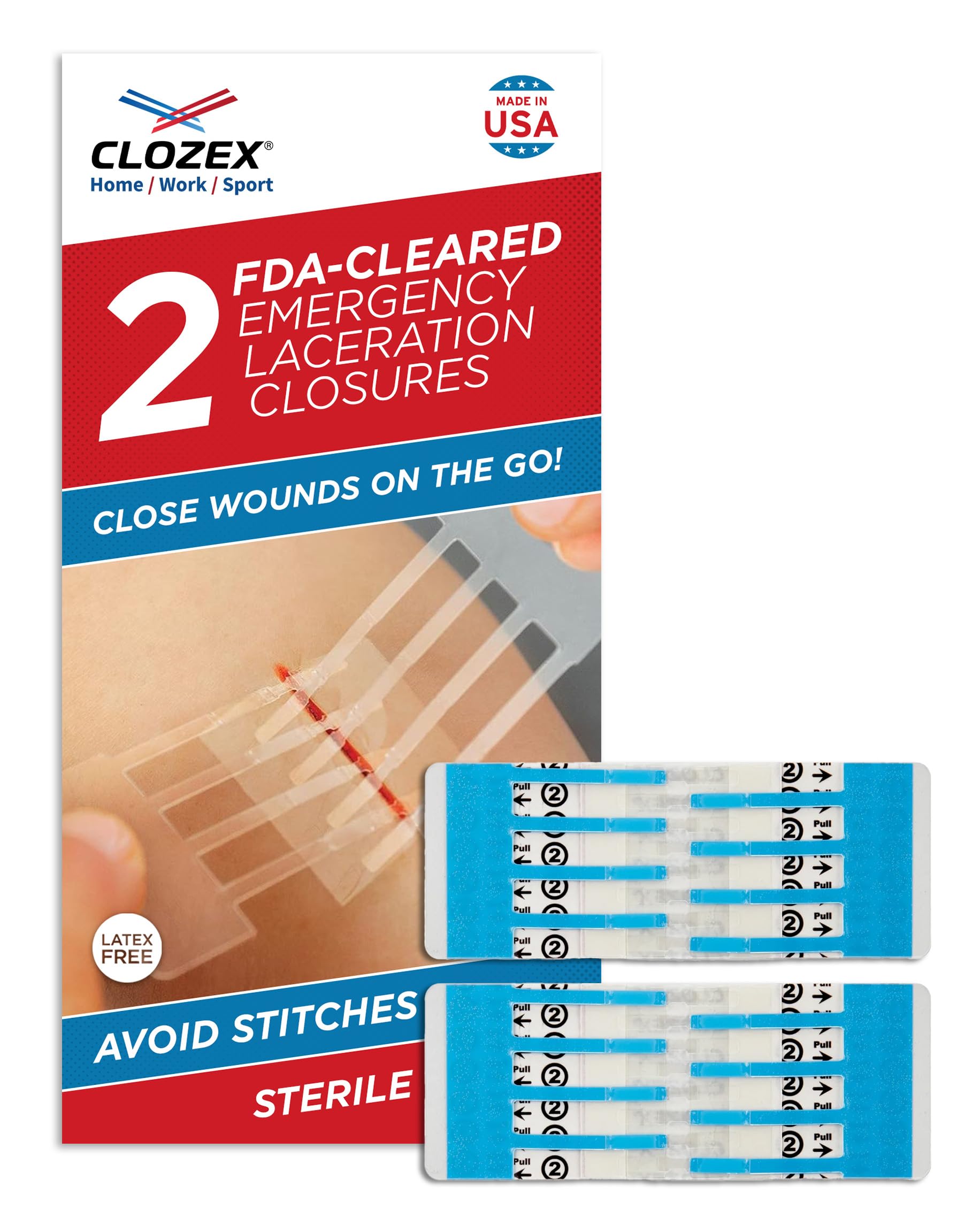 Clozex Emergency Laceration Closures - Repair Wounds Without Stitches. FDA Cleared Skin Closure Device for 2 Individual Wounds Or Combine for Total Length of 3 Inches. Life Happens, Be Ready!