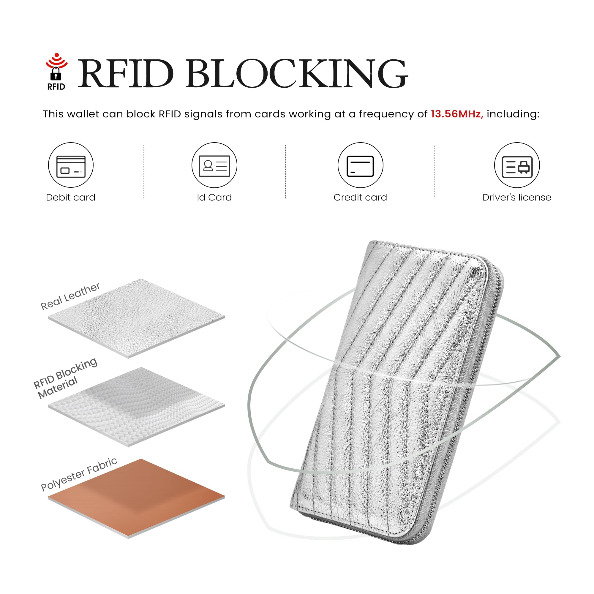 befen Genuine Leather Quilted Wristlet Clutch Wallet Purses for Women Dressy RFID Blocking Zip Around Designer Wallets Metallic Silver Evening Bags
