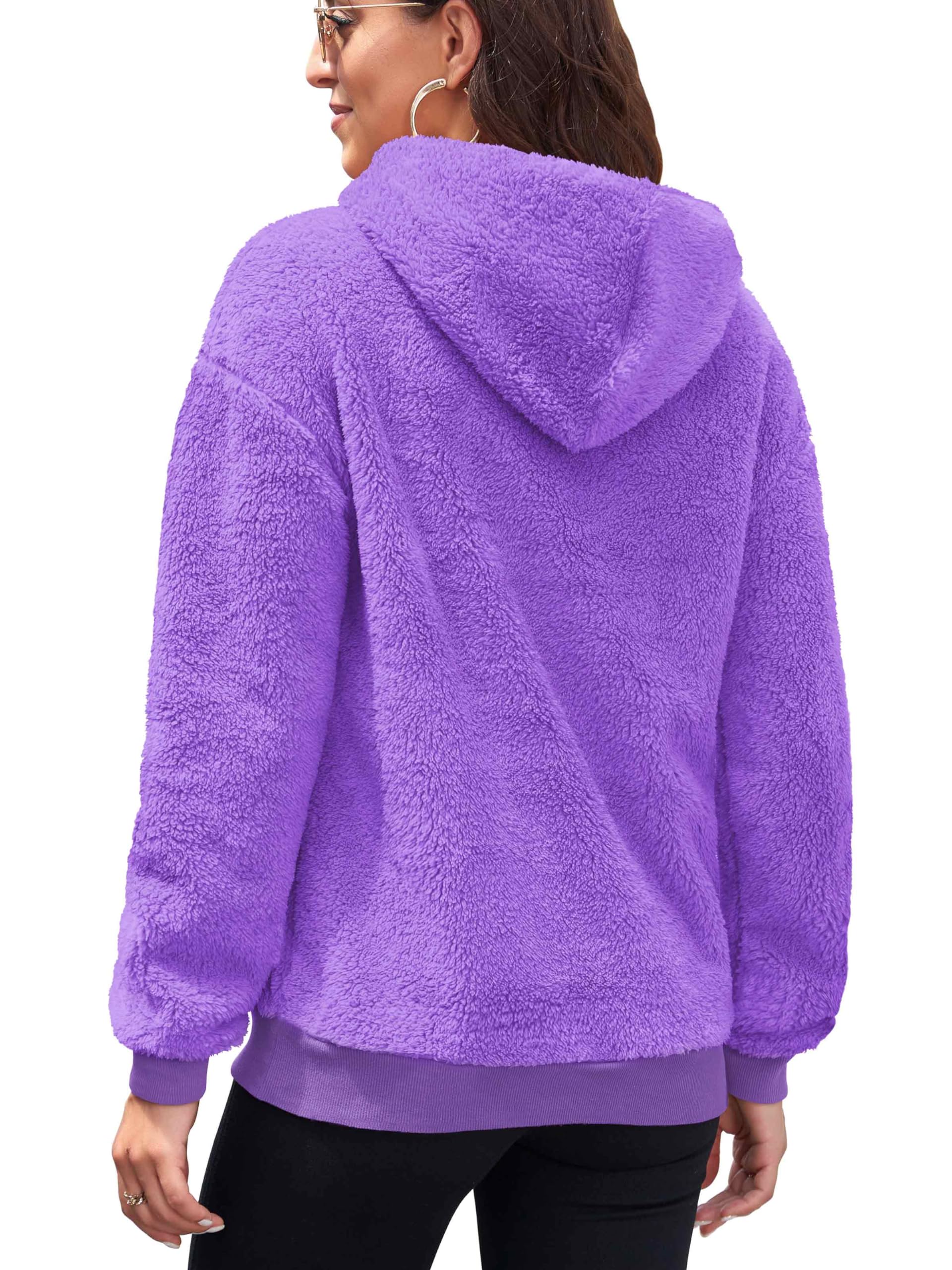 Neineiwu Womens Plus Size Hoodies Cozy Soft Warm Winter Casual Solid Fuzzy Sweatshirt Sherpa Pullovers Outerwear Fashion Hooded with Pockets (Purple XXL)