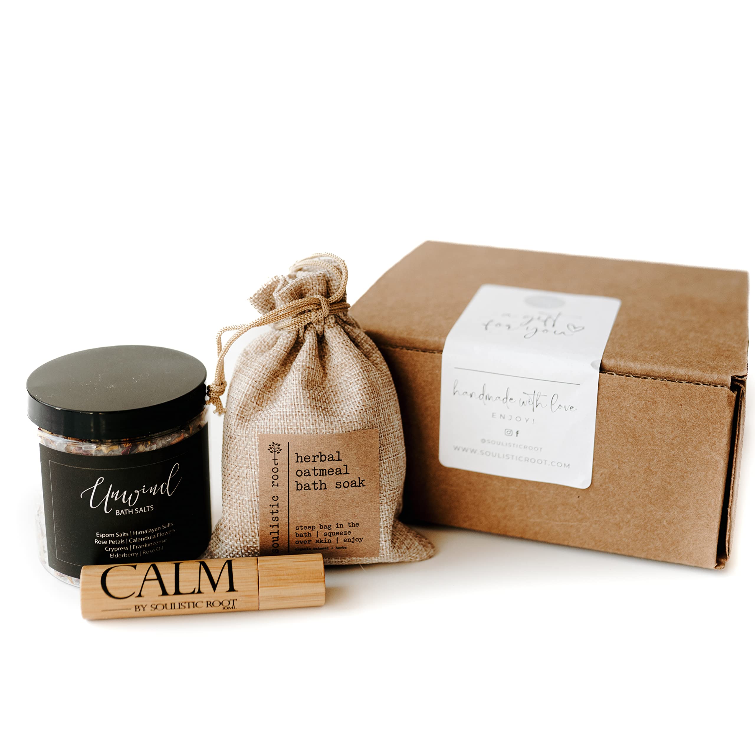 Soulistic Root Relaxing Bath Gift Set, Luxury Spa Gifts for Women, Self Care Products for Women and Men, Calm Essential Oil Roller, Oatmeal Lavender Bath Soak & Epsom Salts with Essential Oils