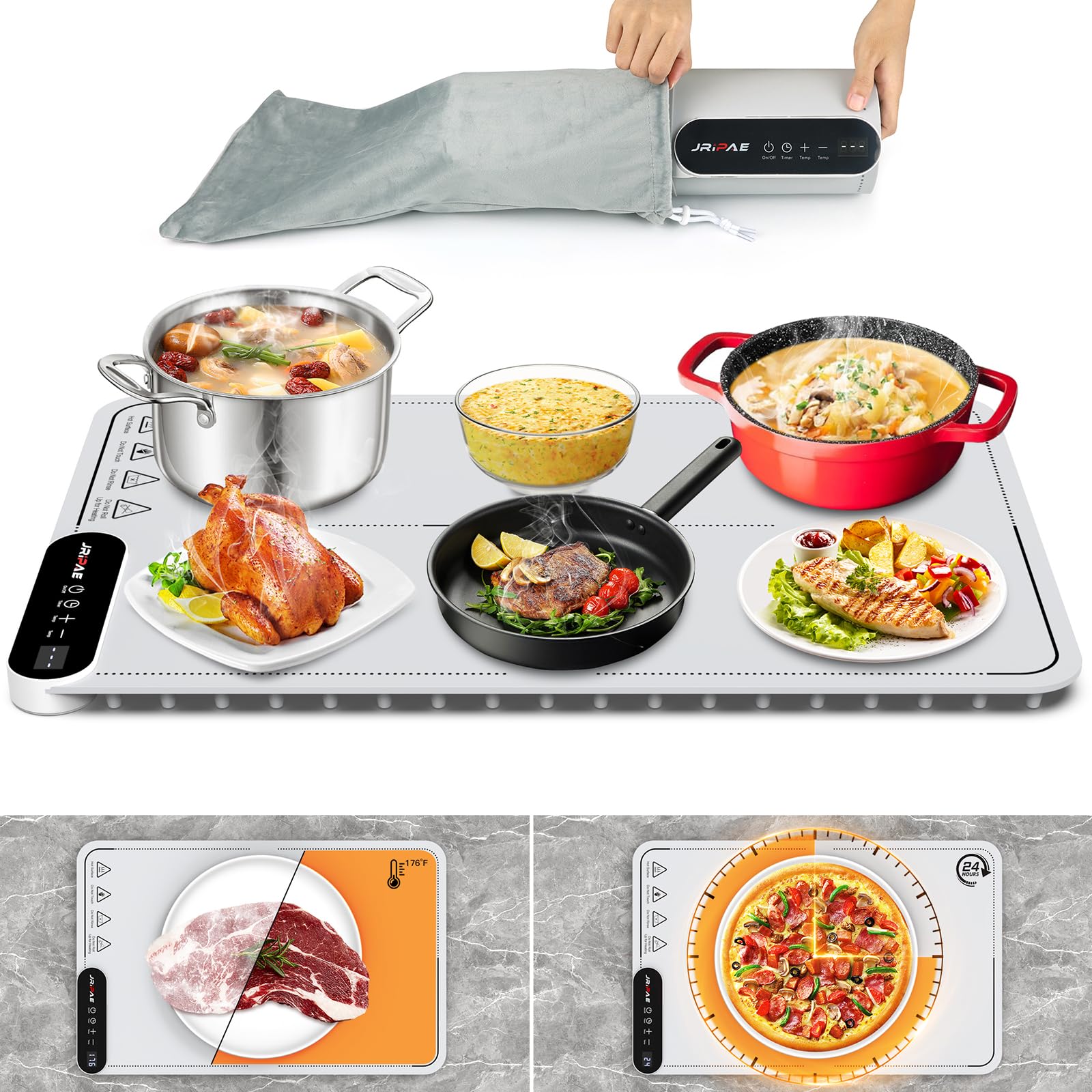 Food Warming Mat Upgraded 9 Level Temperature Electric Warmers for Food with 24 Hours Timer, Auto Shut-Off & Fast Heating, Portable Foldable Food Warmer for Buffet Parties, Gatherings, Warming Tray